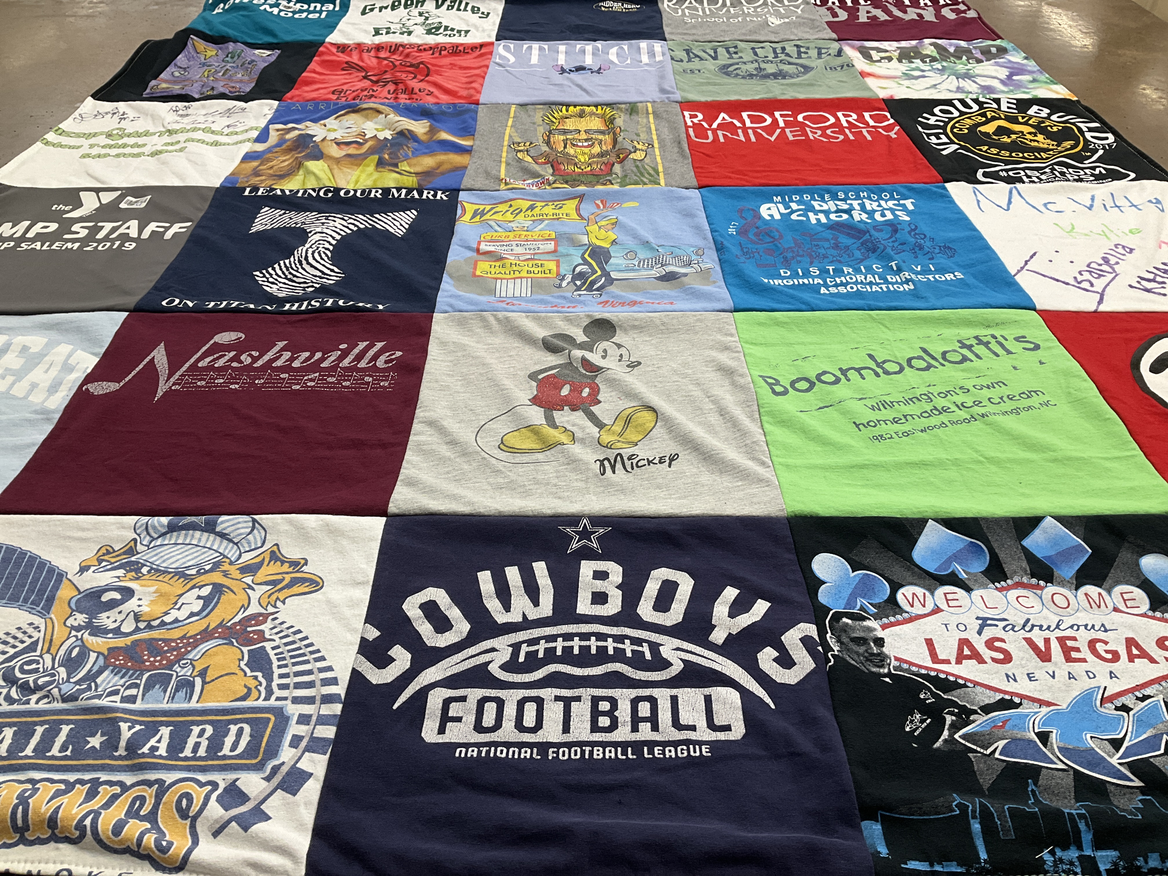 Custom Project Repat t-shirt quilt featuring shirts from radford university.
