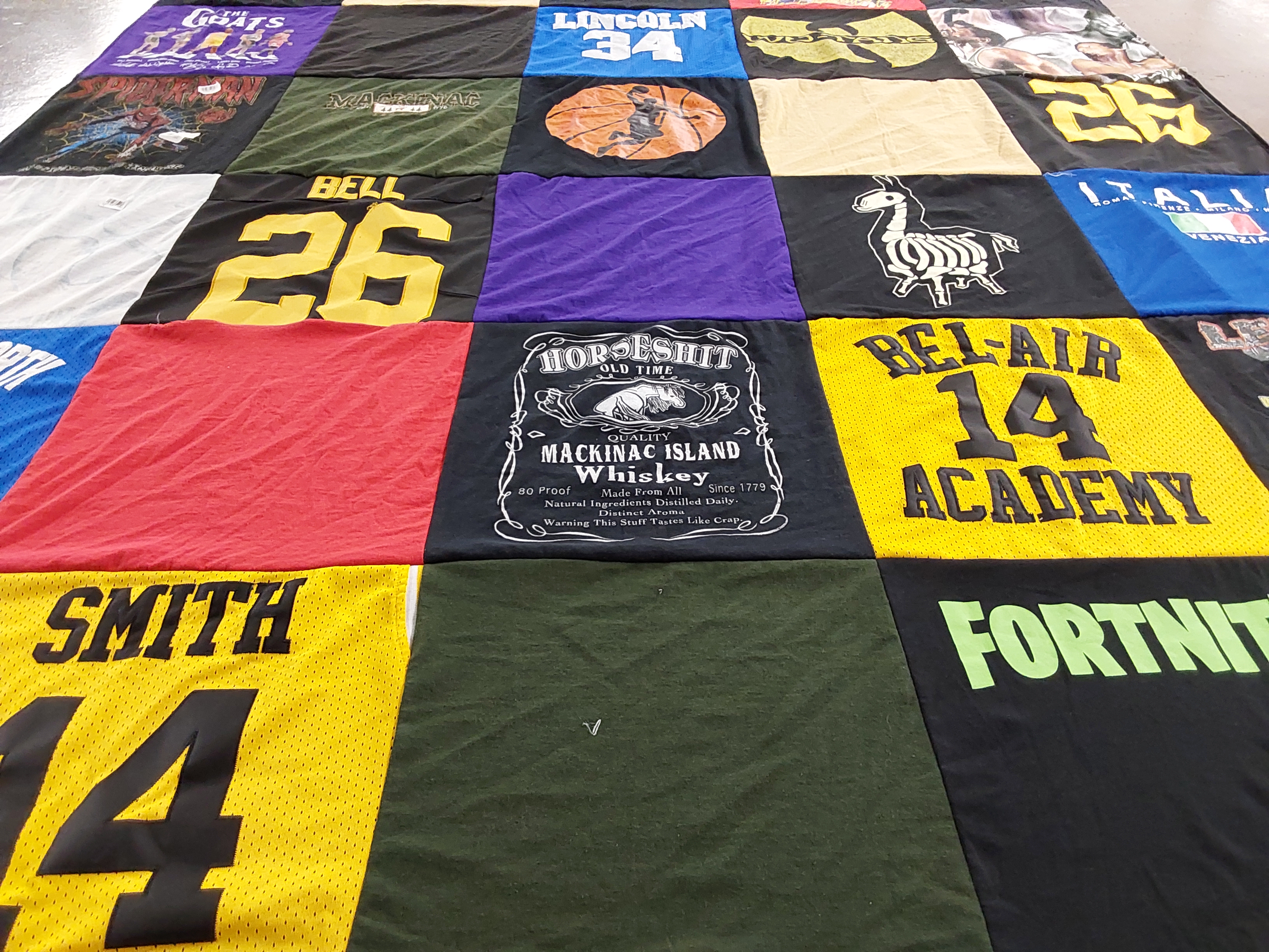 Custom Project Repat t-shirt quilt featuring shirts from bel-air academy.