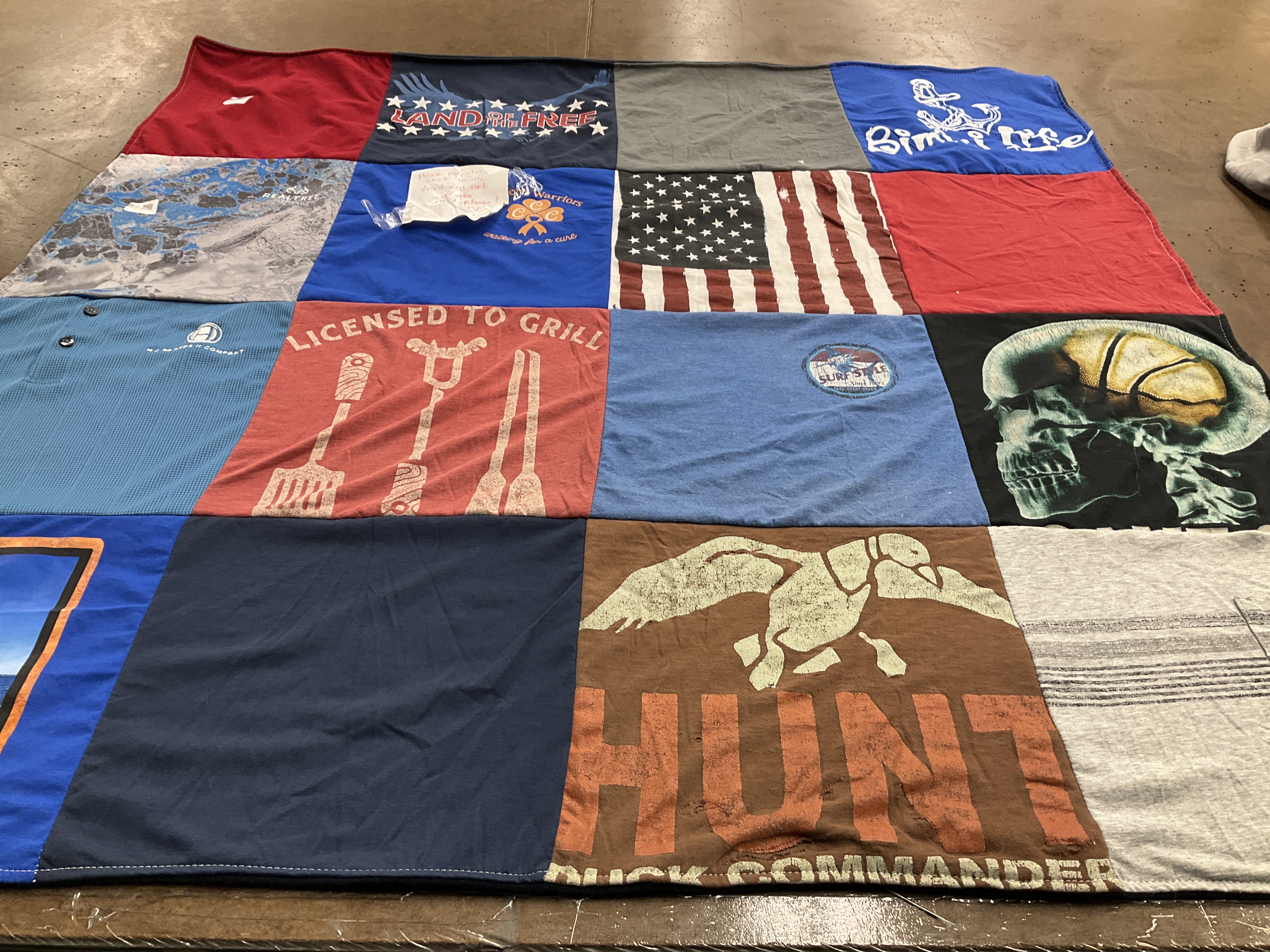 T-shirt quilt with cooking, hunting themes by Kelly from CT