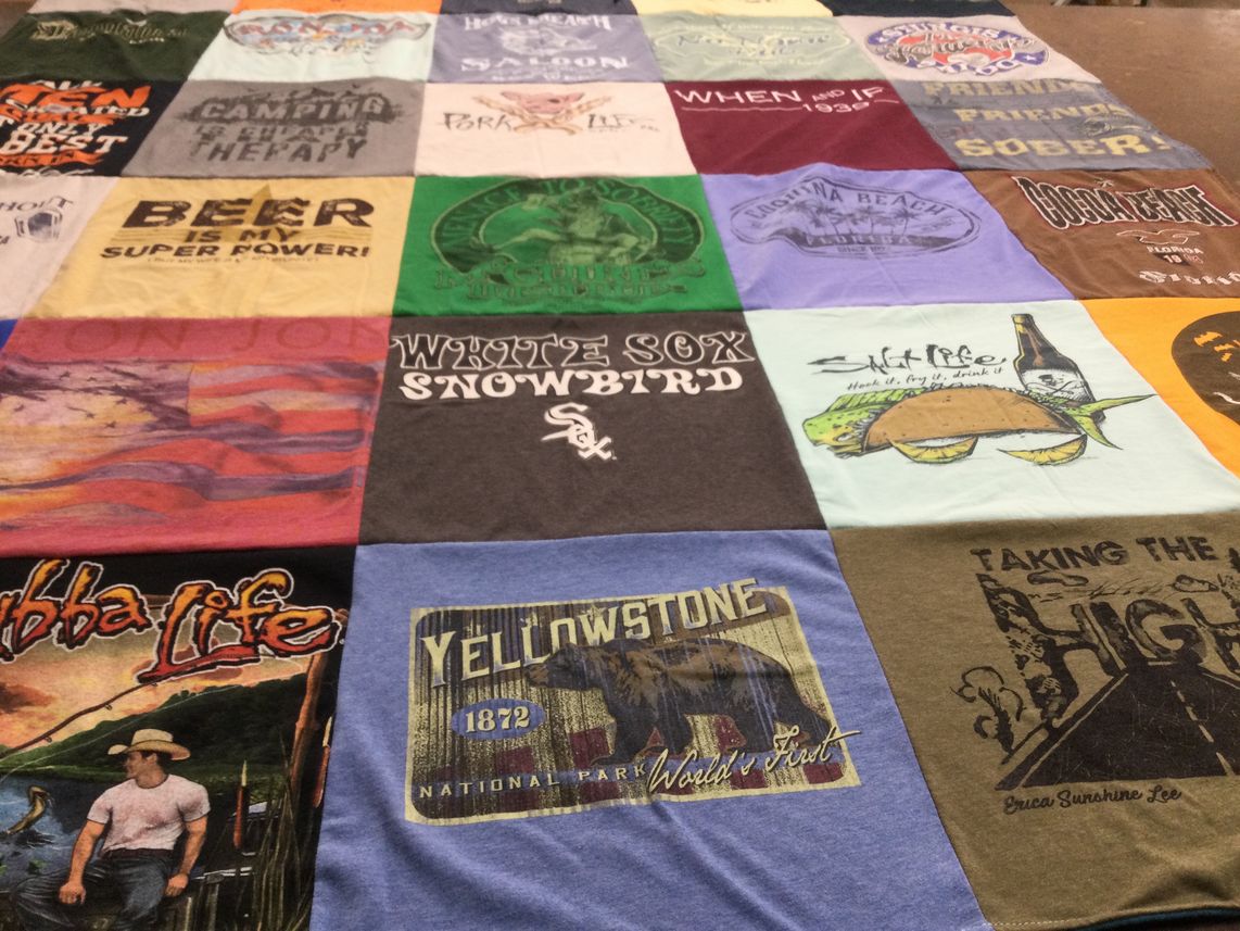 T-shirt quilt with outdoors, beer themes by Nancy from IL