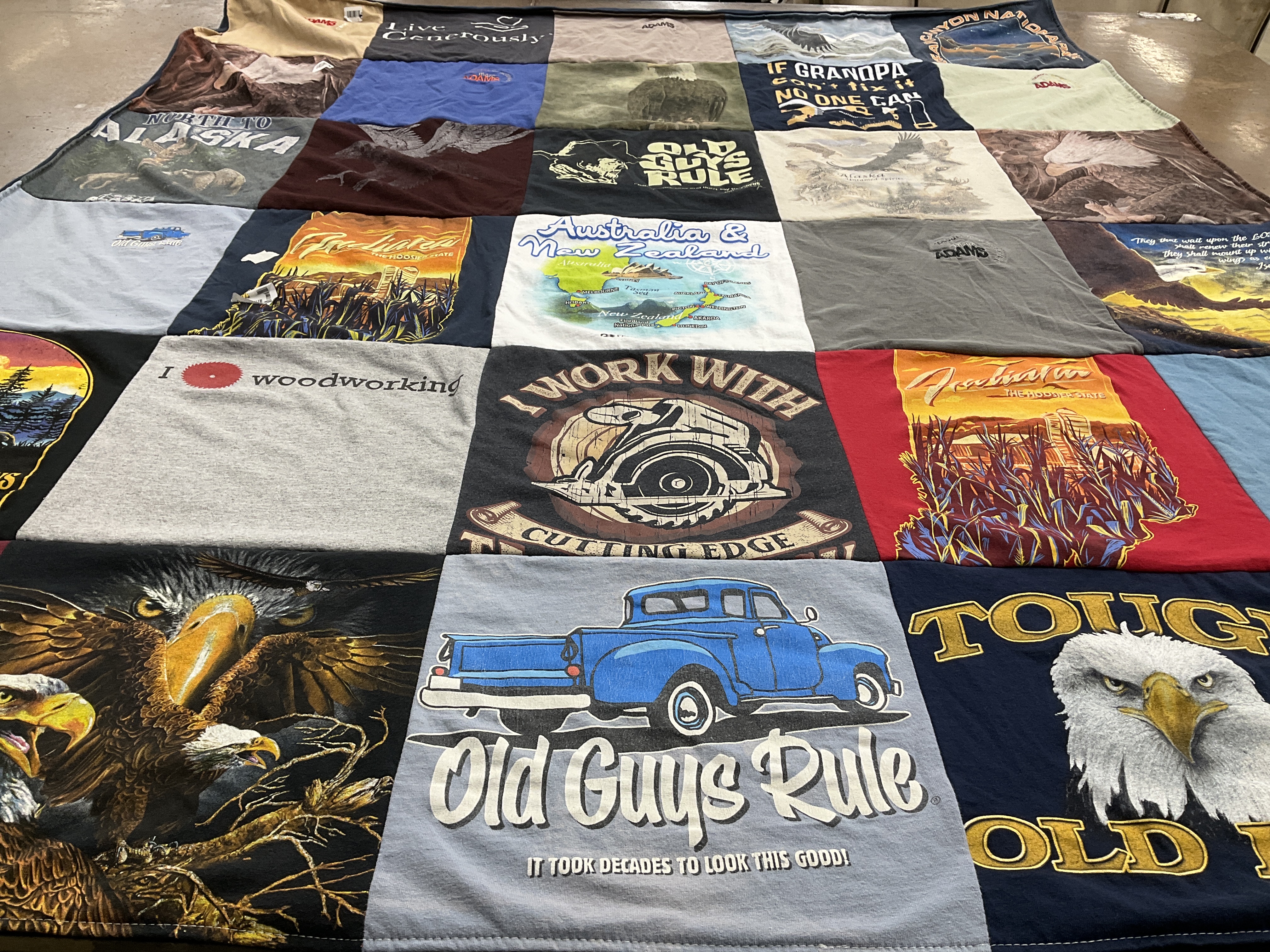 T-shirt quilt with woodworking, travel themes by Beverly from IN