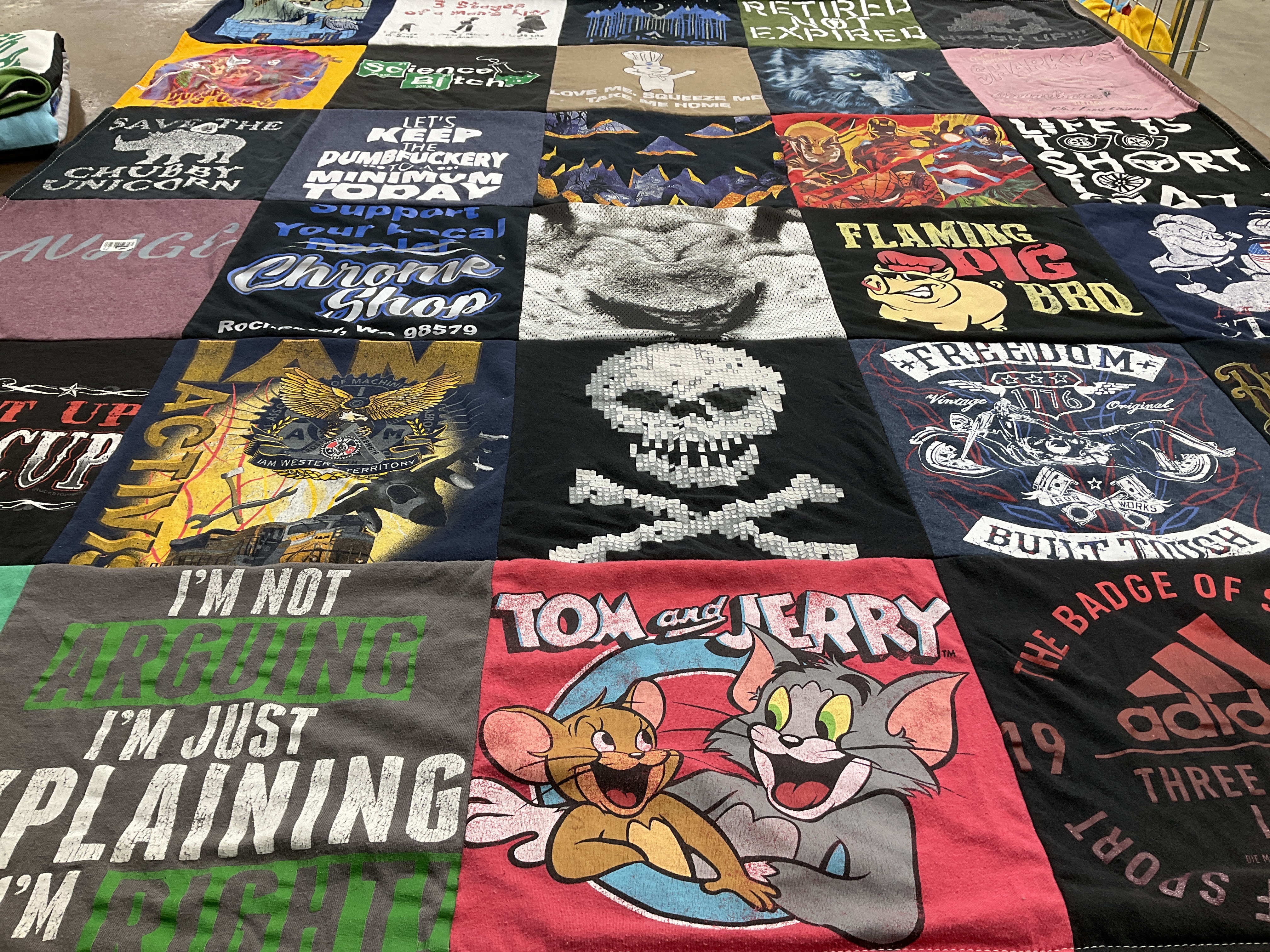 T-shirt quilt with humor, food themes by Margaret from WA