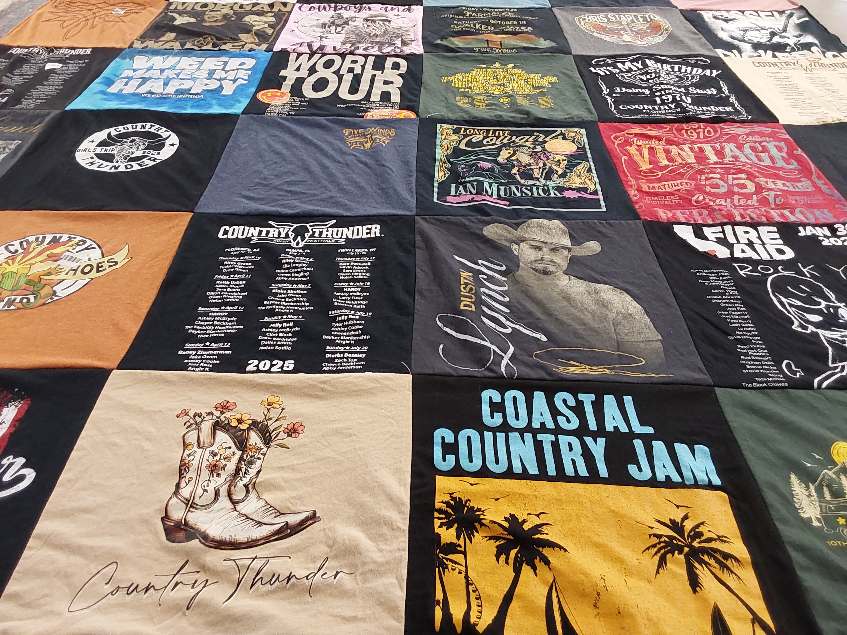 Custom Project Repat t-shirt quilt highlighting country music, music festivals themes.