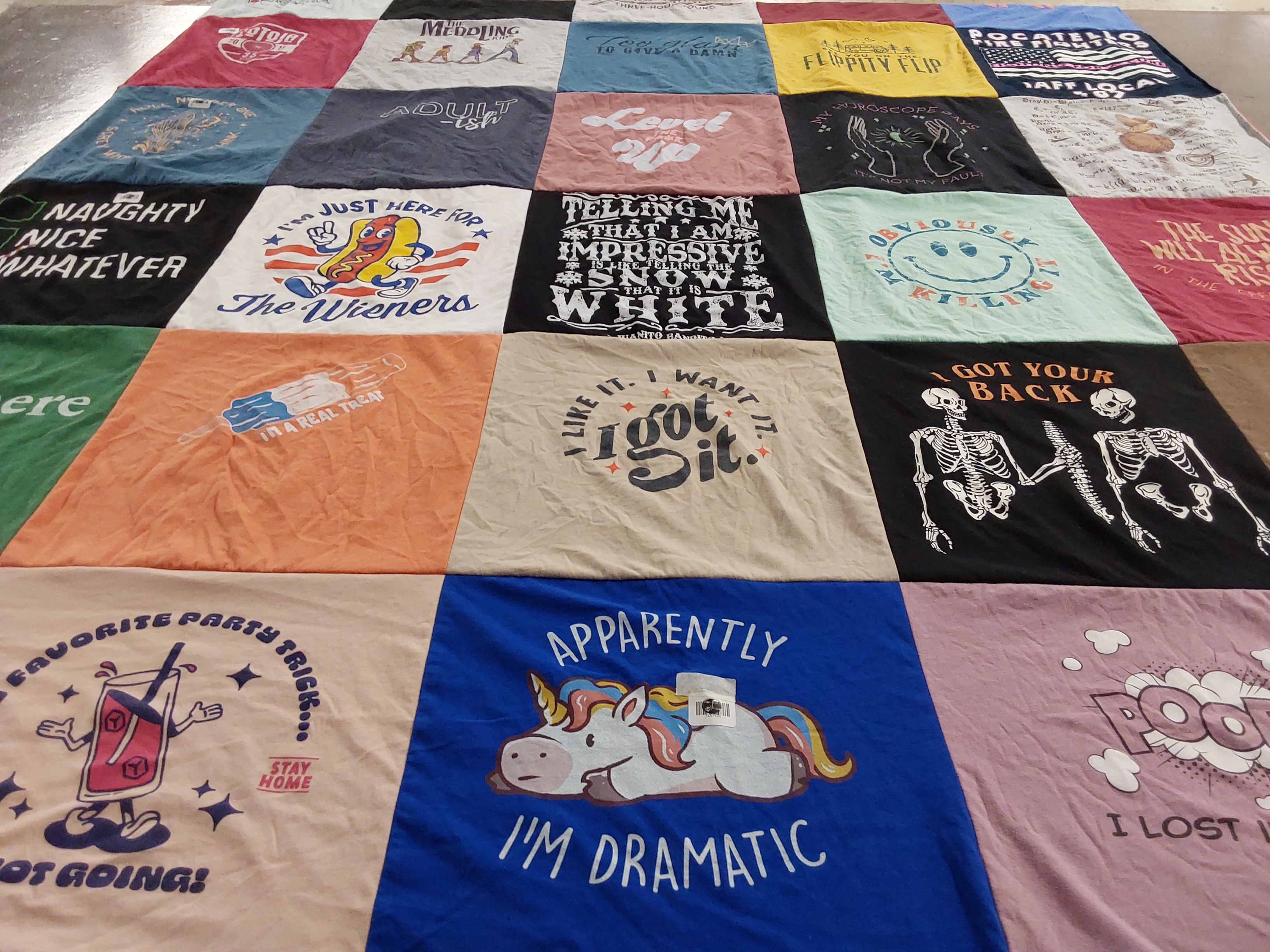 Custom Project Repat t-shirt quilt highlighting humor, parties themes.