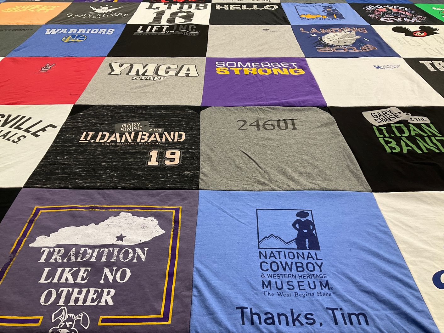 T-shirt quilt with music, gym themes by Annelee from KY
