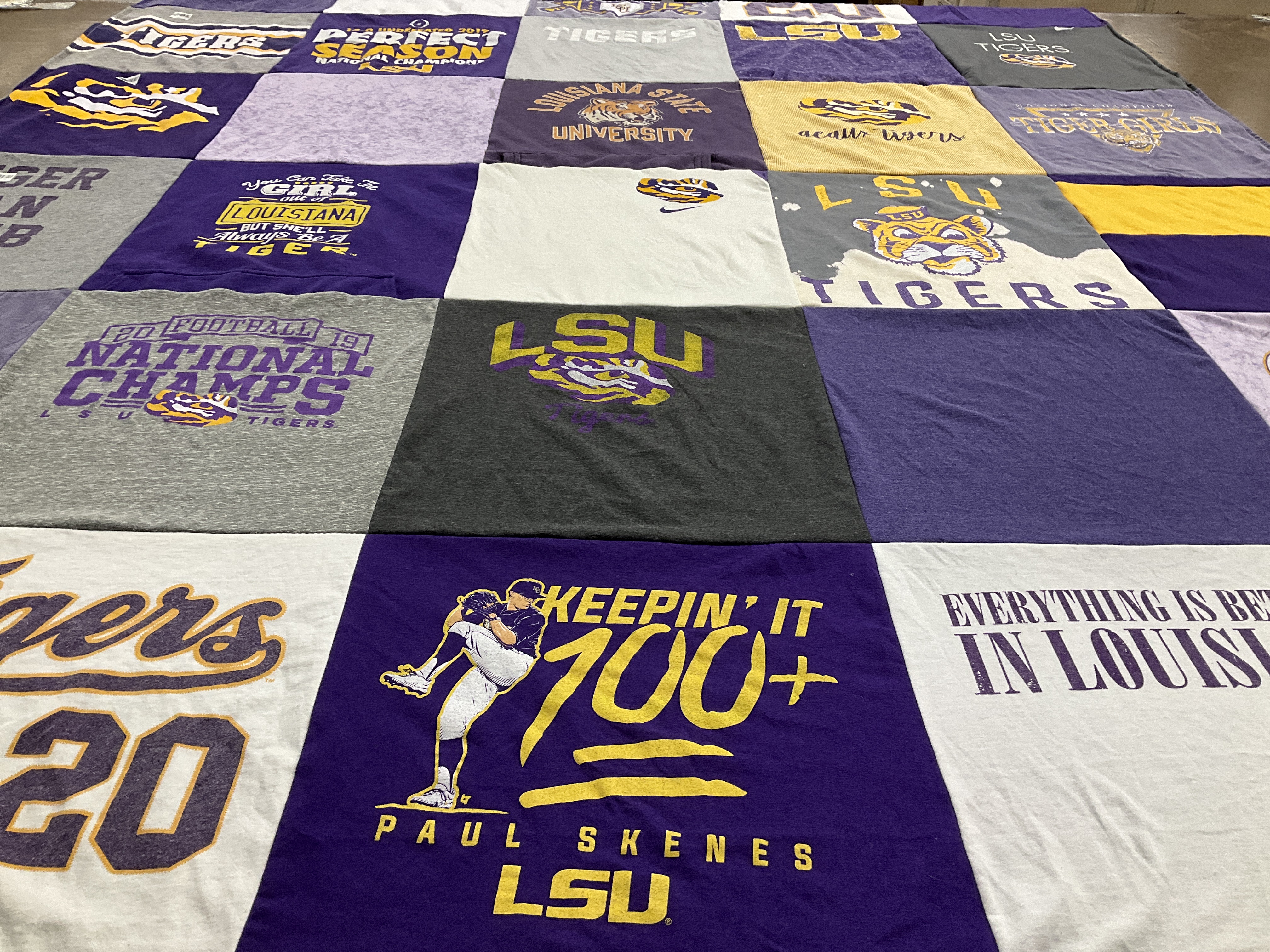 Custom Project Repat t-shirt quilt featuring shirts from louisiana state university.