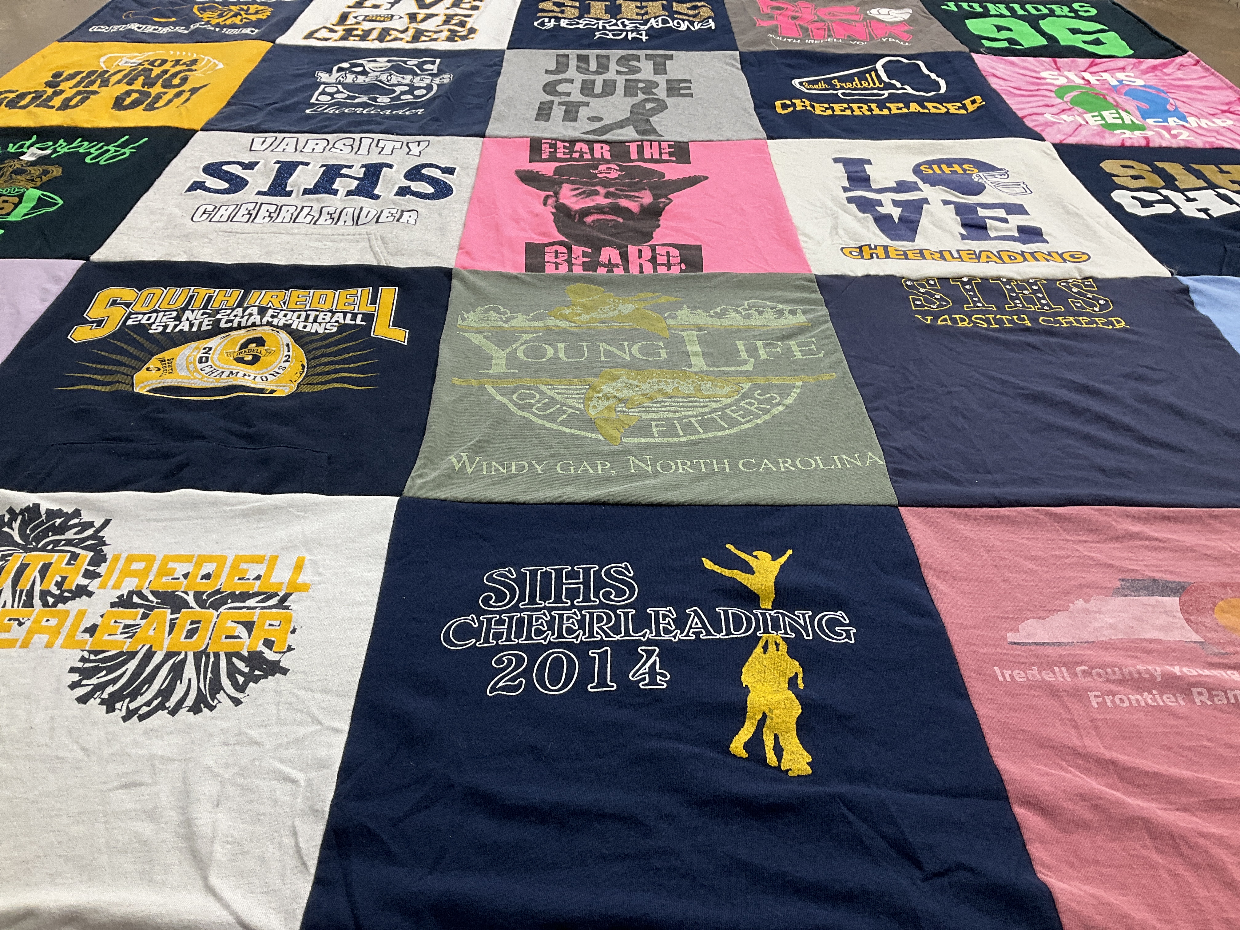 Custom Project Repat t-shirt quilt featuring shirts from south iredell high school.