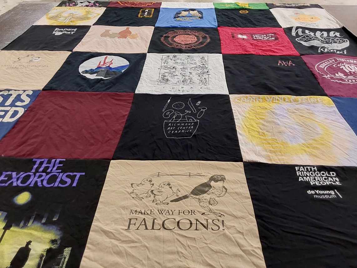 T-shirt quilt with art, music themes by Dina from CA