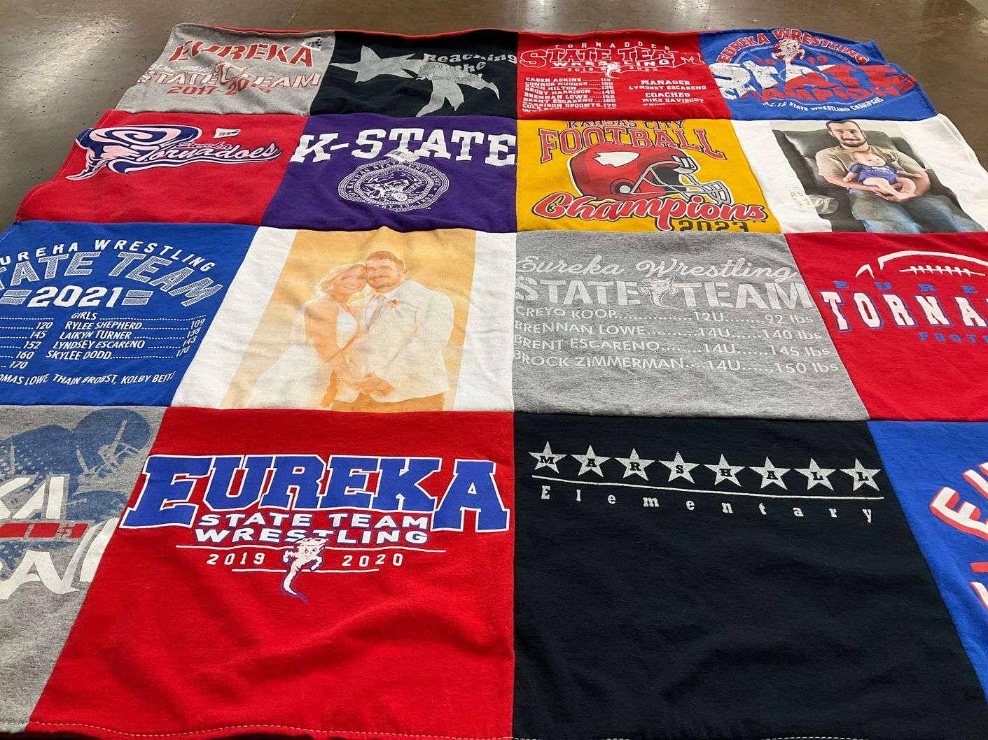 T-shirt quilt featuring eureka high school wrestling team, further tornadoes football team by Shirley from KS