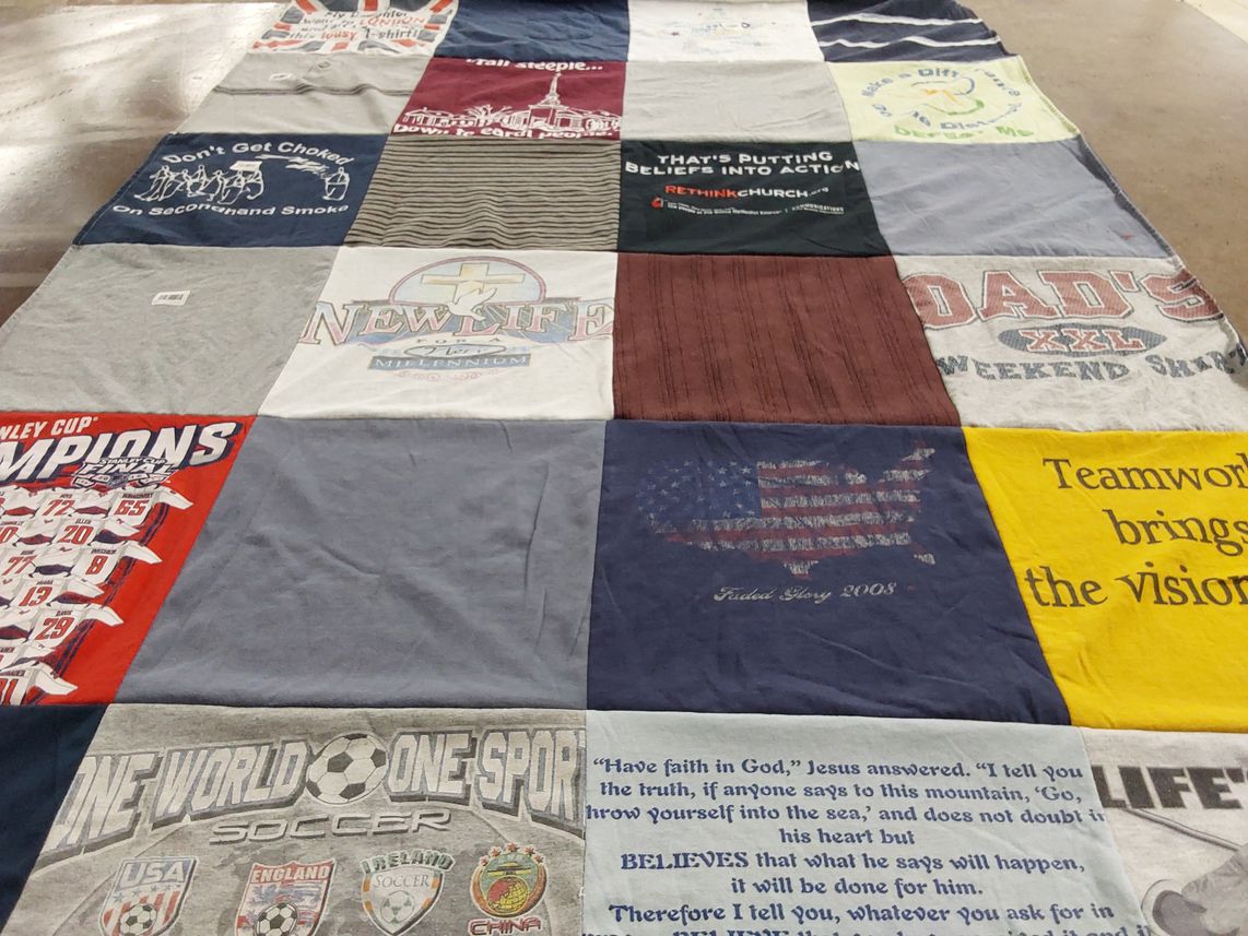 T-shirt quilt with sports, faith themes by Michelle from MD