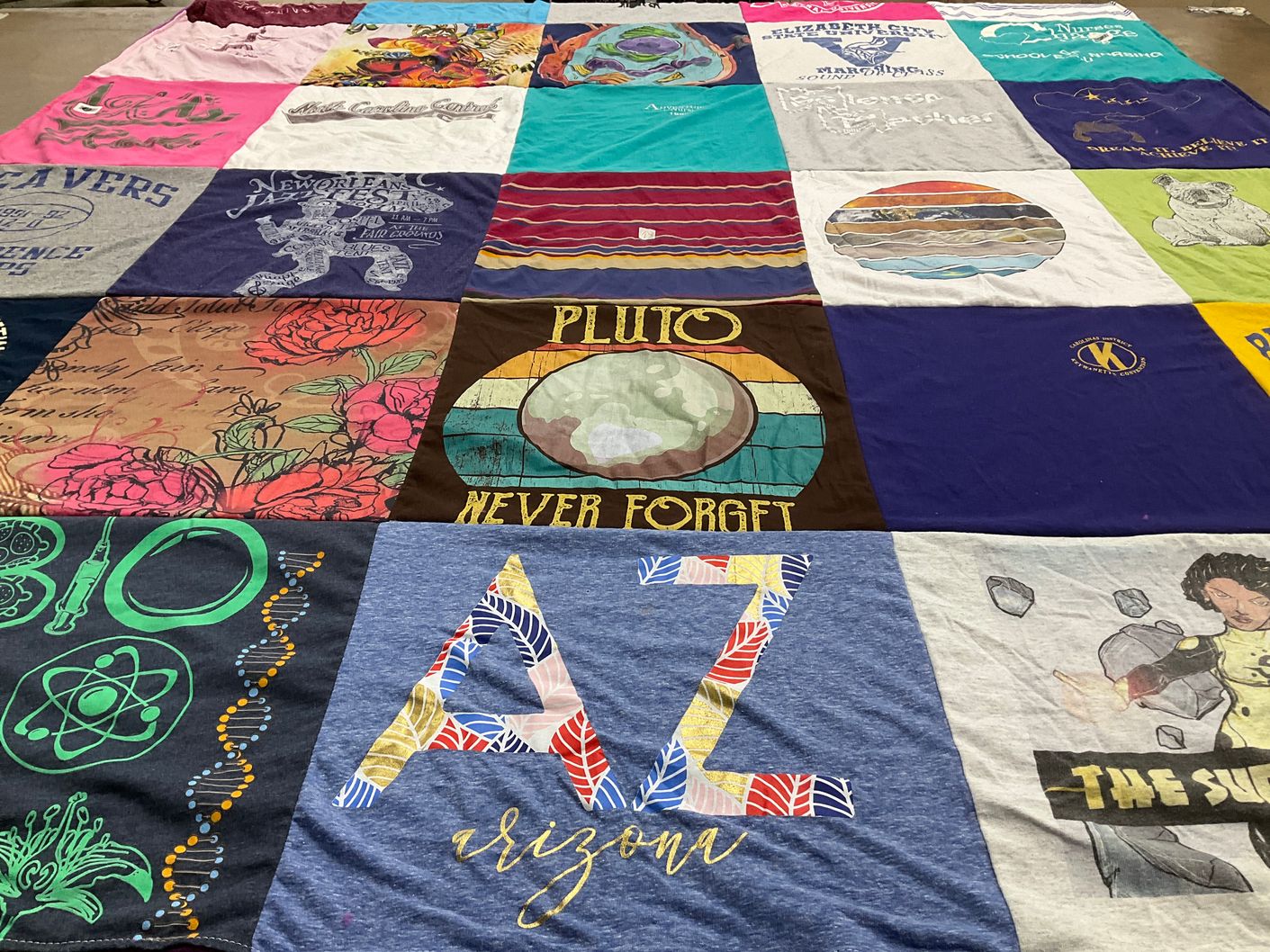 T-shirt quilt with science, art themes by J’Nai from NC