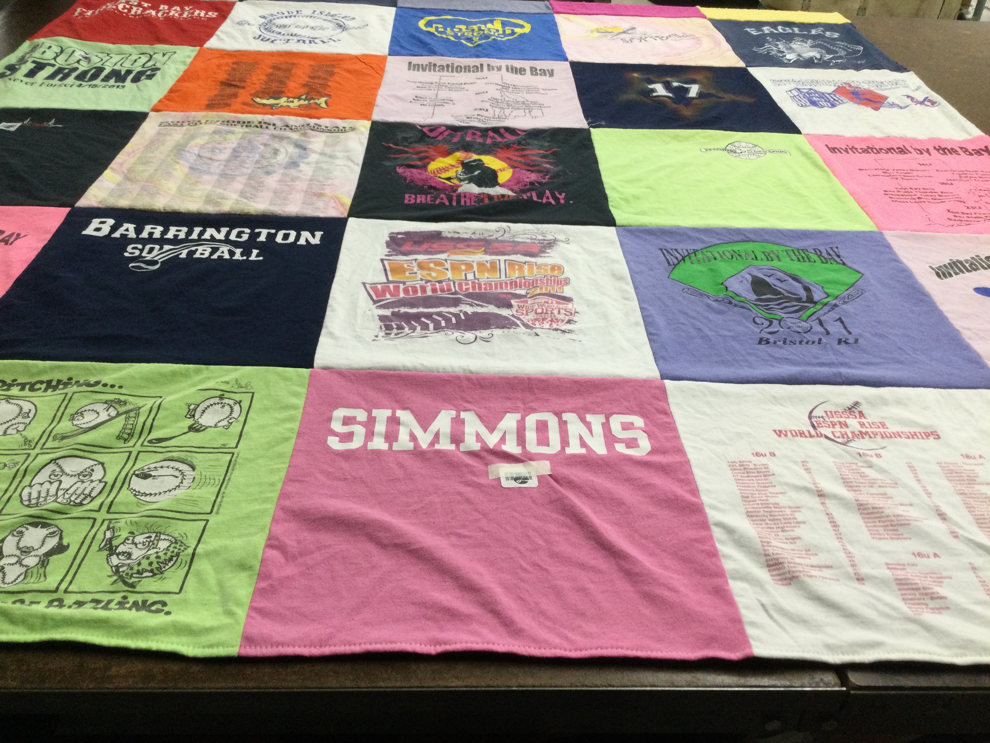T-shirt quilt with softball, sports themes by Marijke from RI