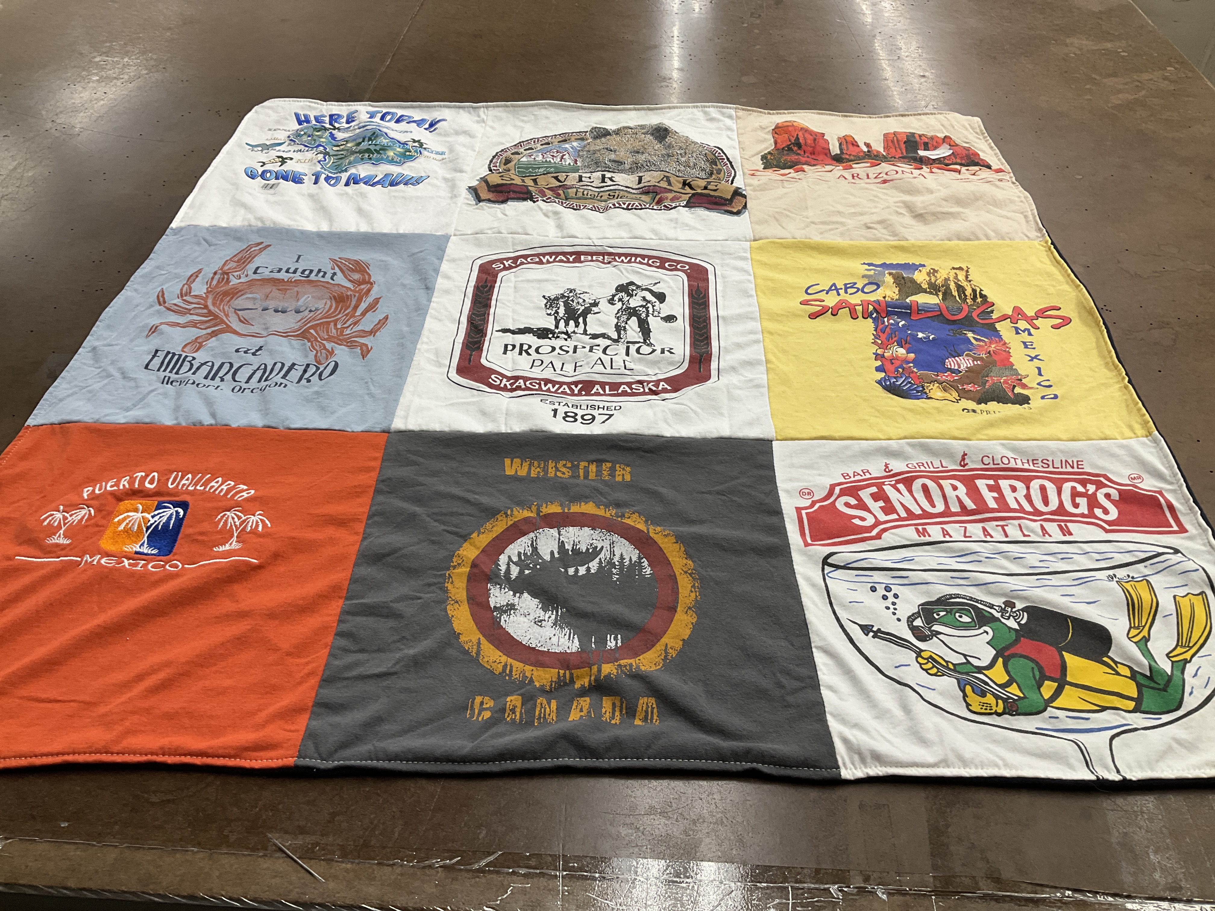 Custom Project Repat t-shirt quilt highlighting travel, beaches themes.