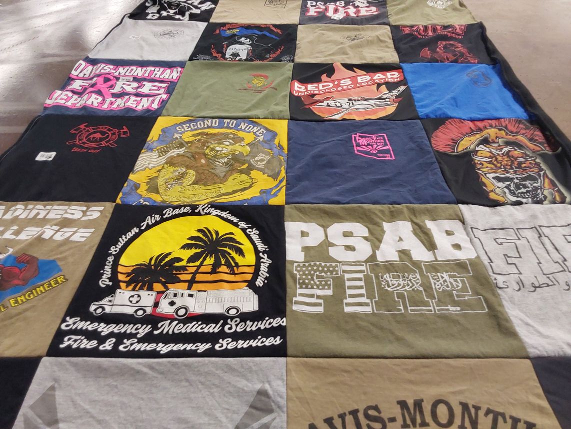 T-shirt quilt with firefighting, emergency services themes by Anthony from AZ