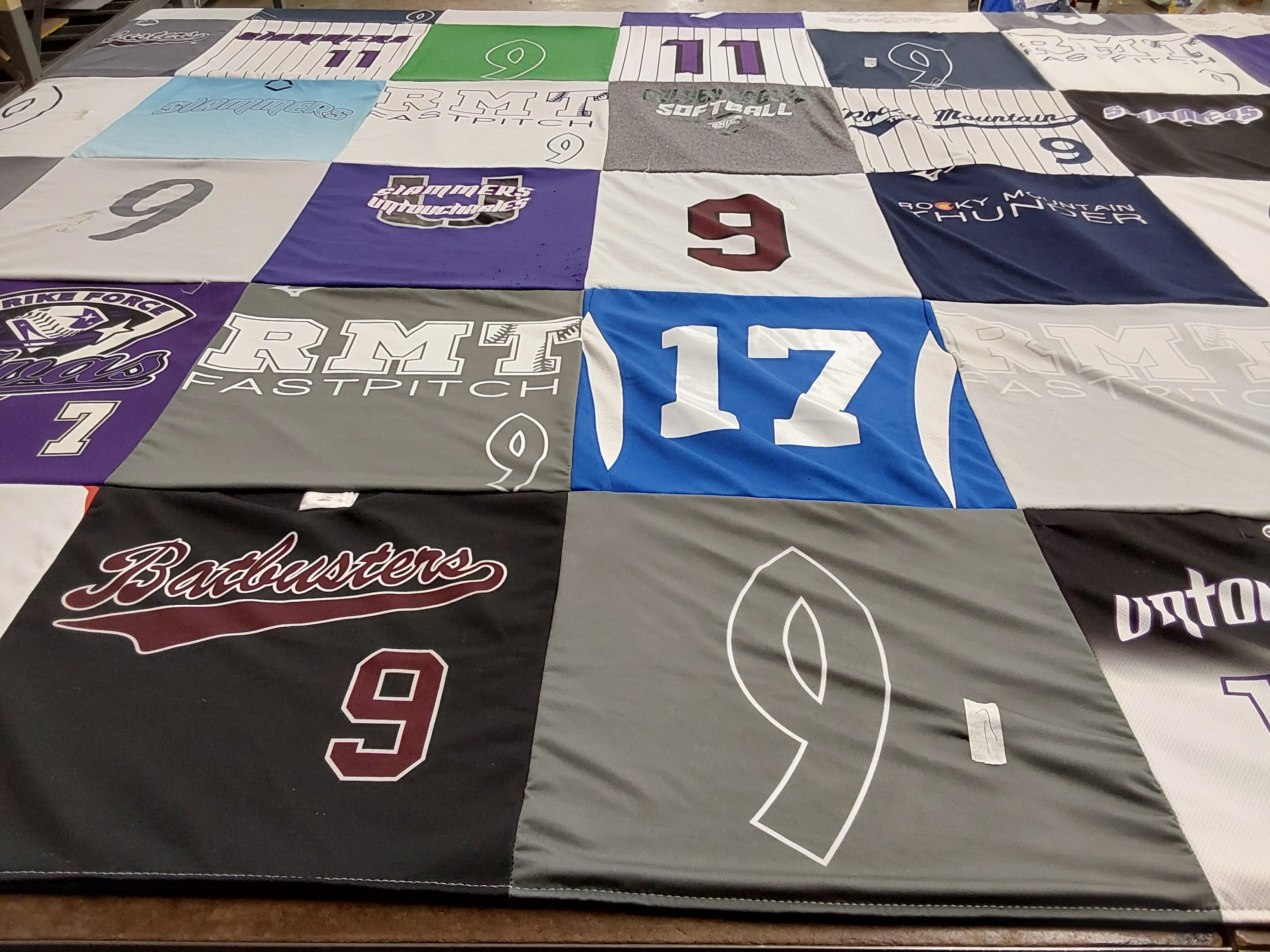 T-shirt quilt with softball, fastpitch themes by Amanda from CO