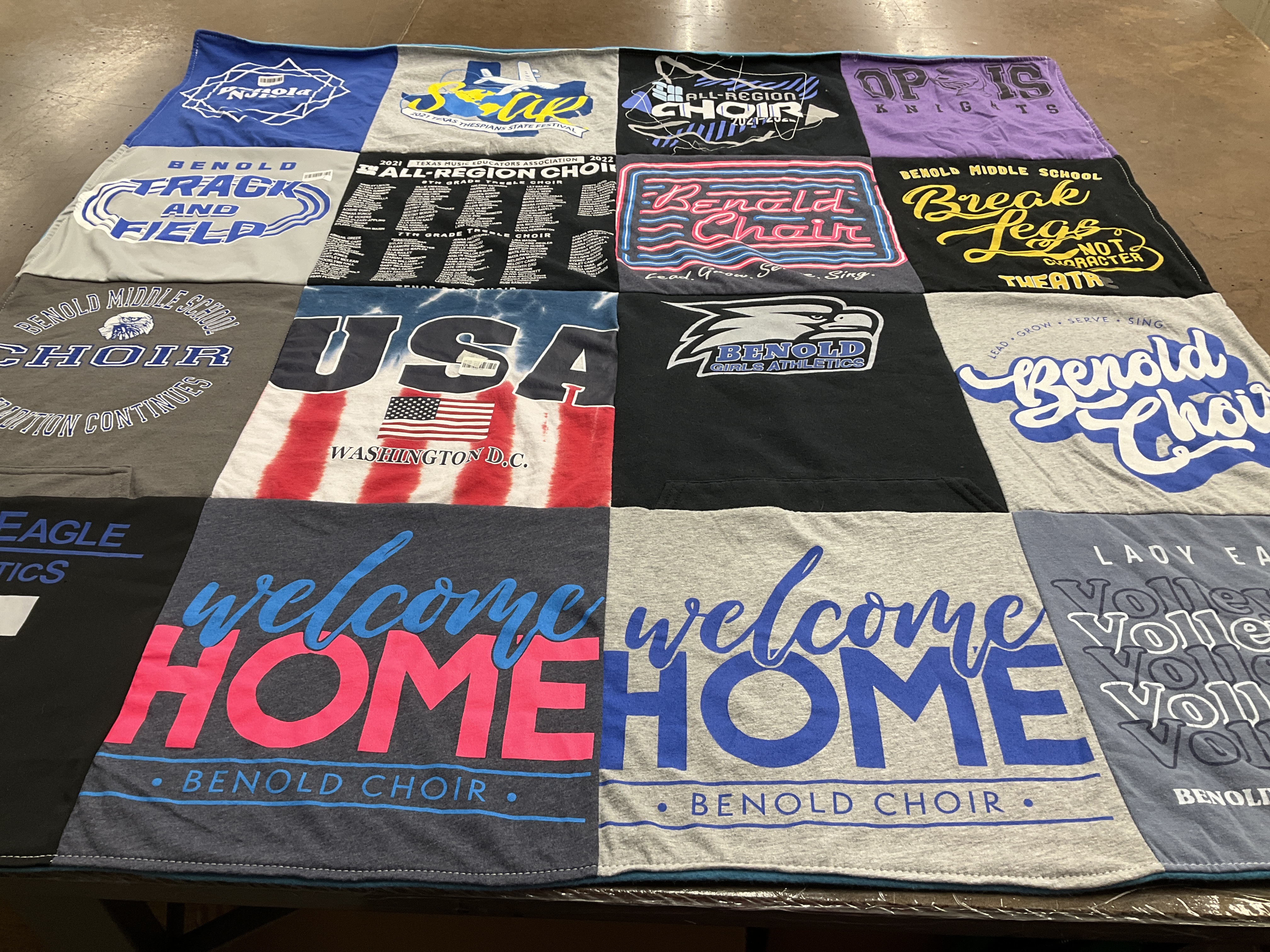 Custom Project Repat t-shirt quilt featuring shirts from benold middle school.