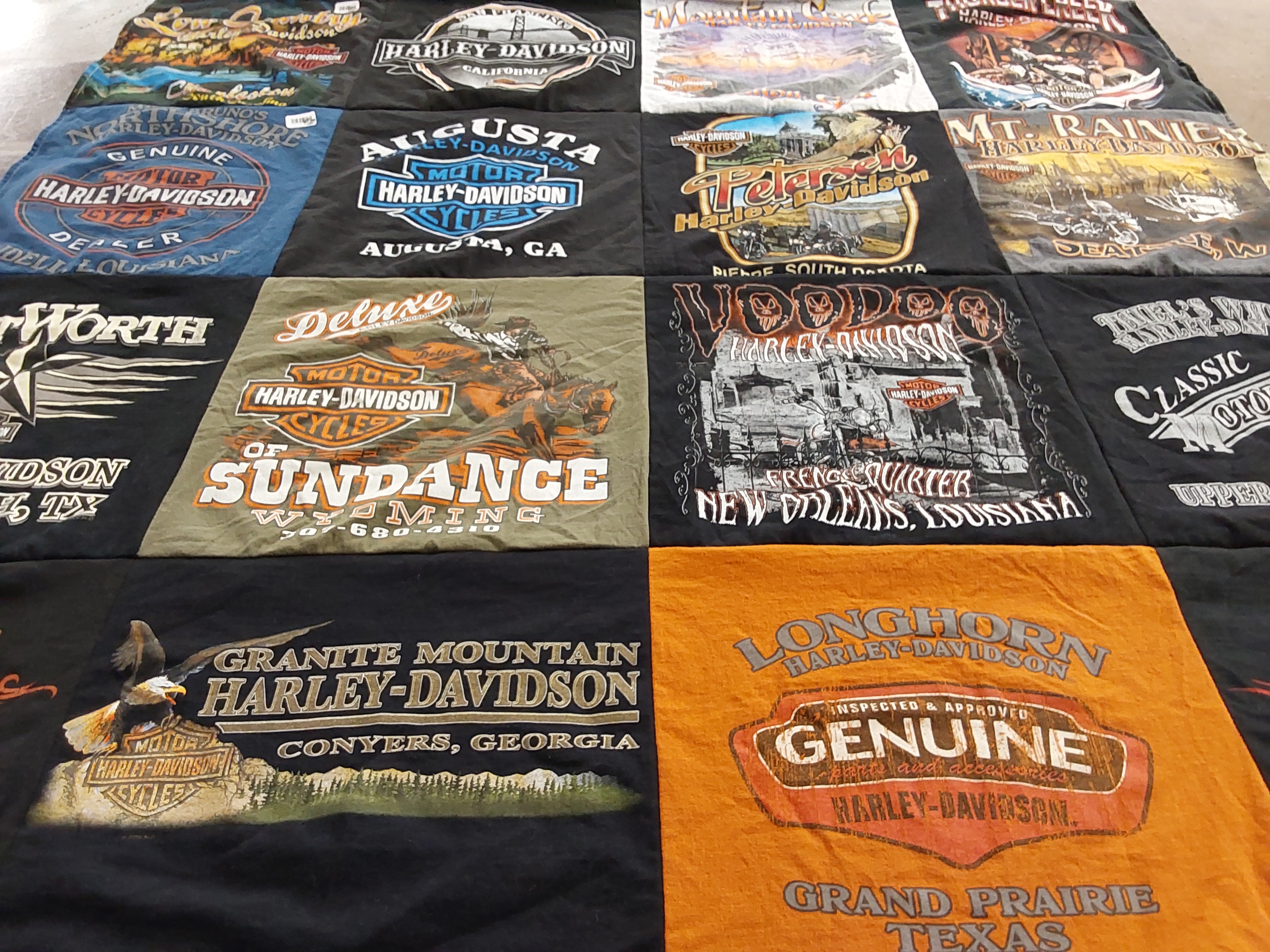 T-shirt quilt with motorcycles, biking themes by Joel Griffith from SC