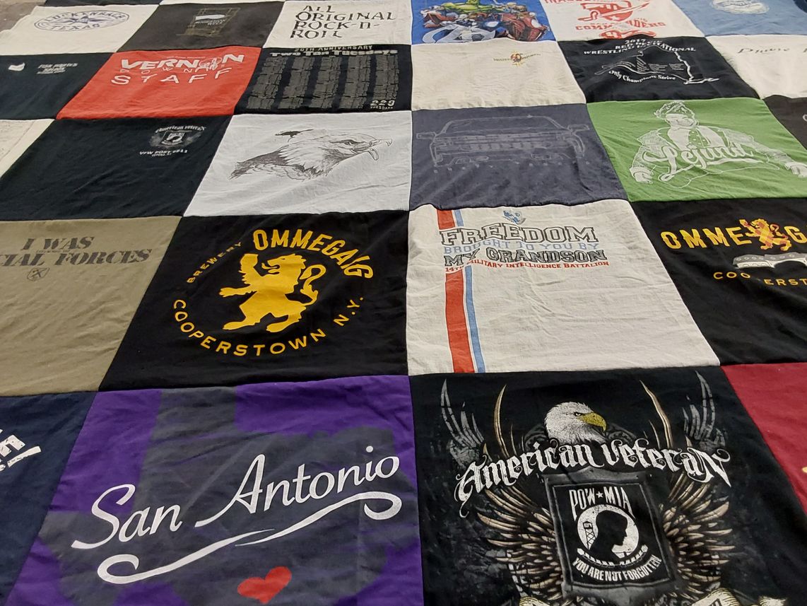 T-shirt quilt with breweries, military themes by Patricia from NY
