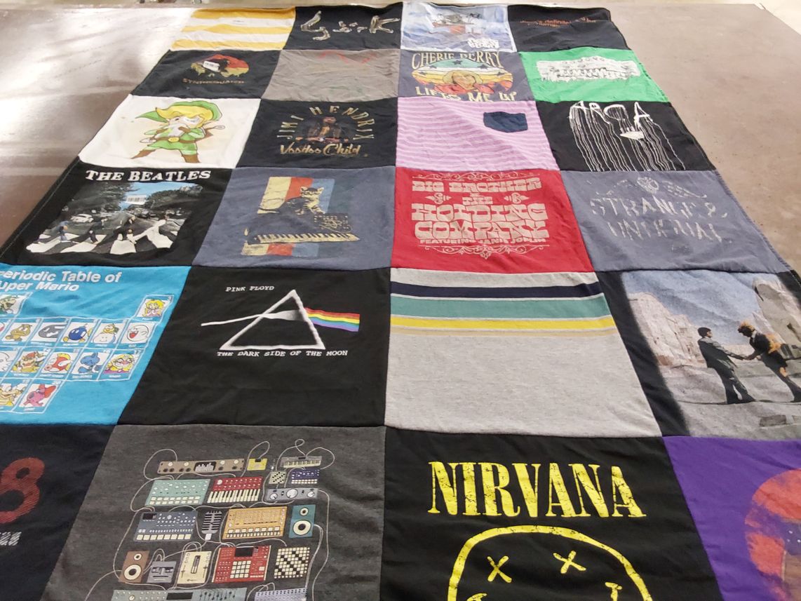 T-shirt quilt with music, gaming themes by Stacy from NC