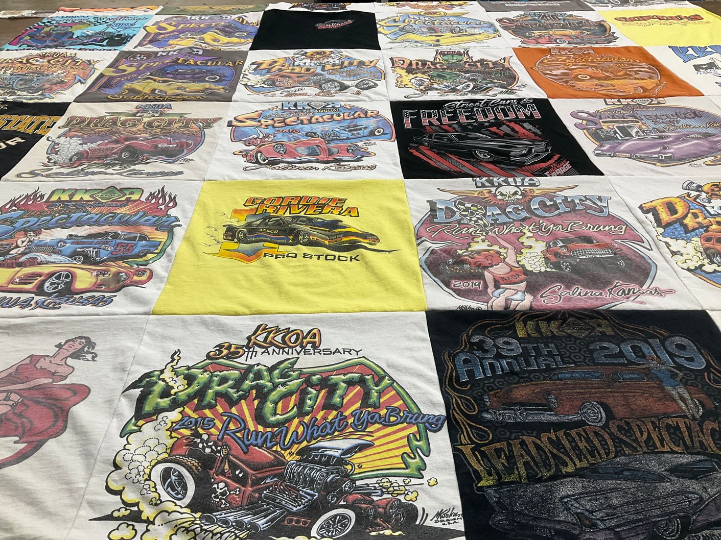 T-shirt quilt with car shows, drag racing themes by Mary from KS