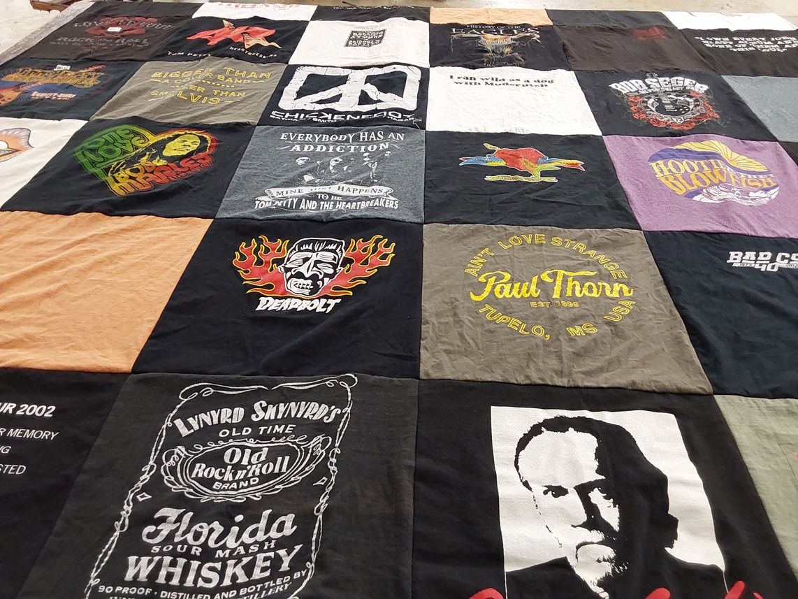 T-shirt quilt with music, whiskey themes by Pamela from CA