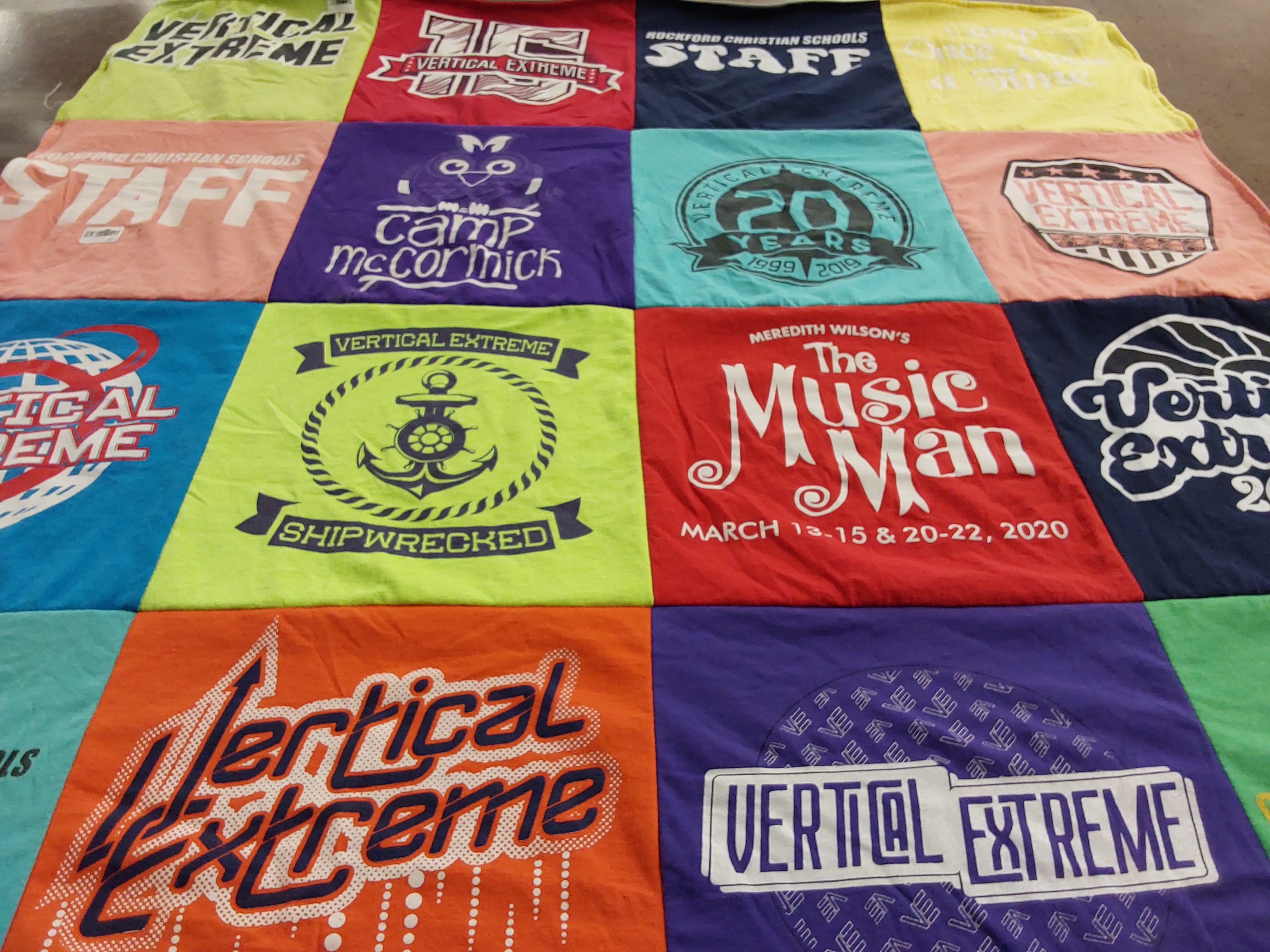 T-shirt quilt with theater, camping themes by Elizabeth from IL