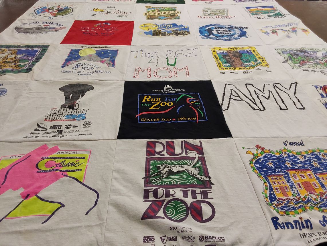 T-shirt quilt with running, zoos themes by Amy from CO