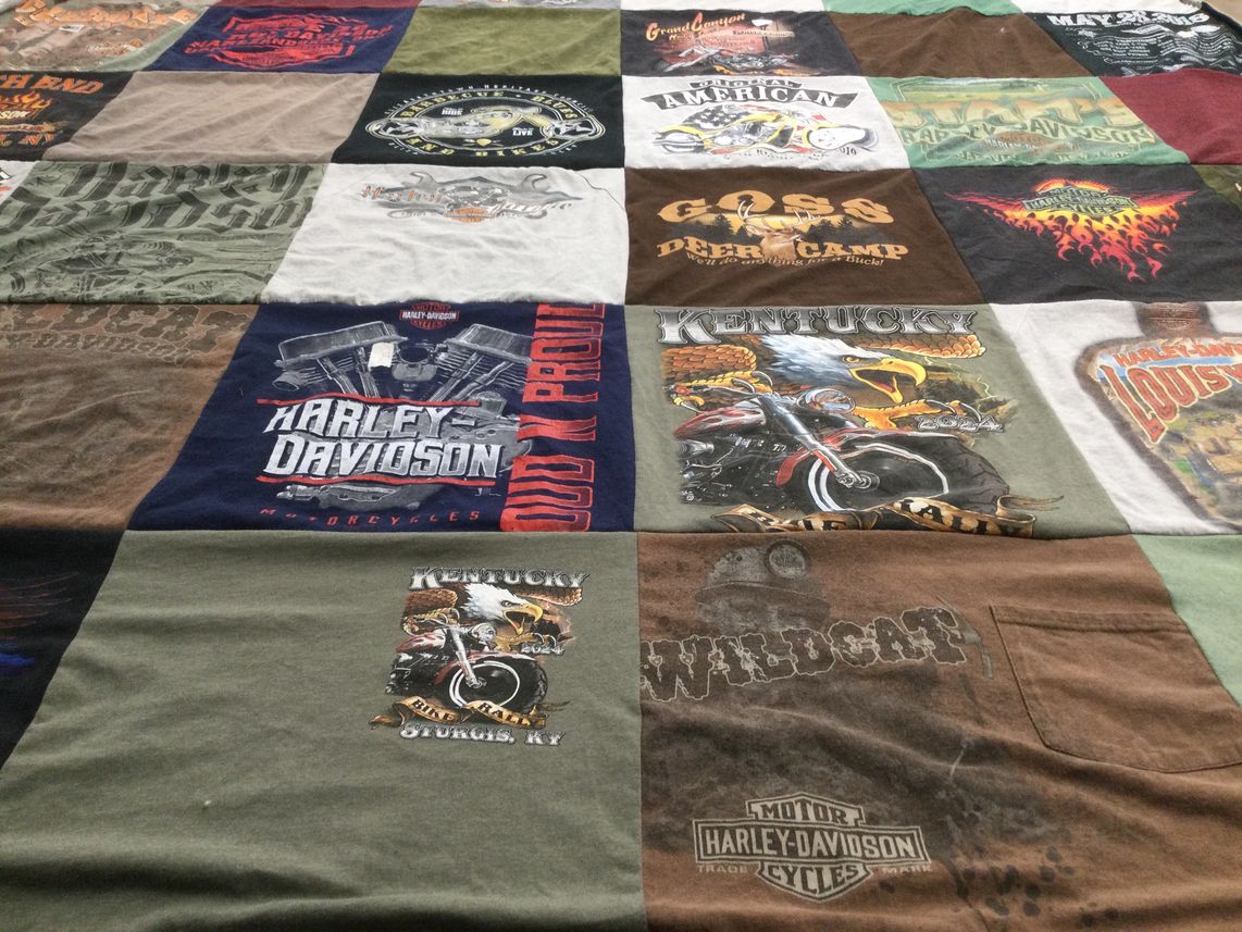 T-shirt quilt with motorcycling, hunting themes by Cherie from KY