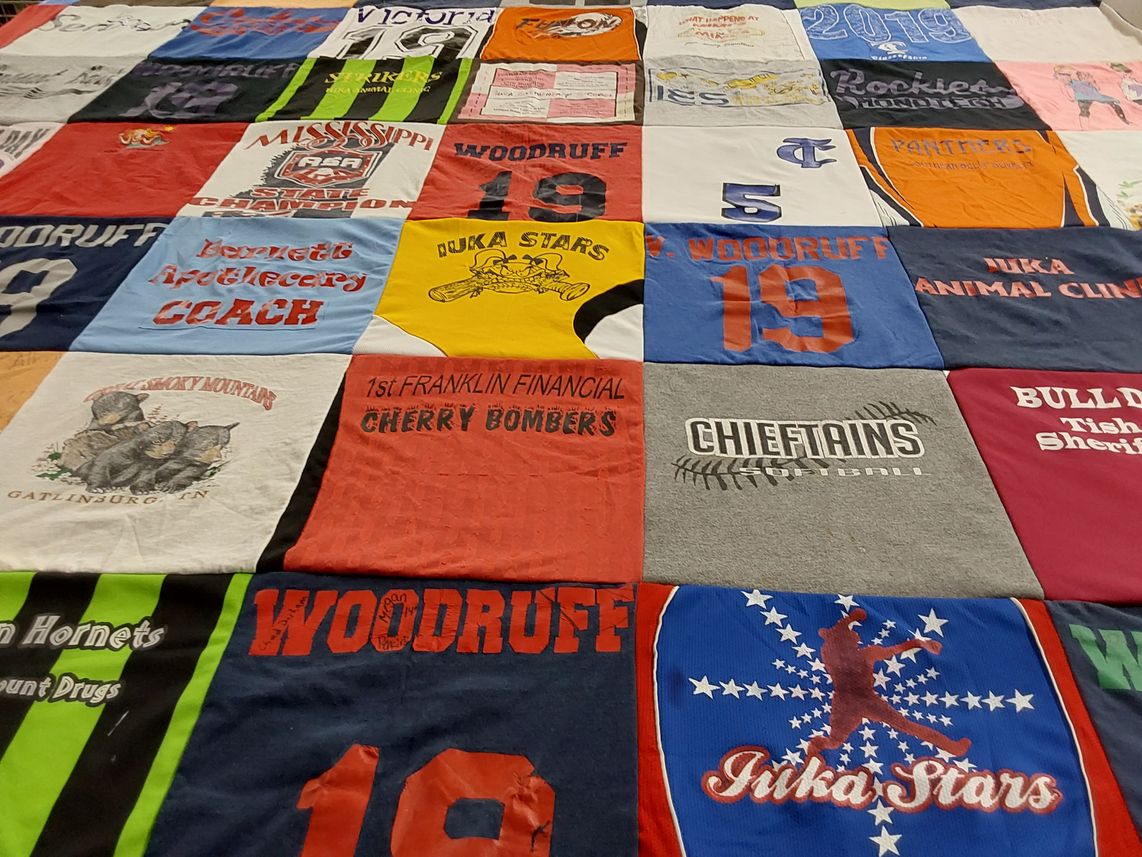 T-shirt quilt featuring cherry bombers, iuka stars by Beth from MS