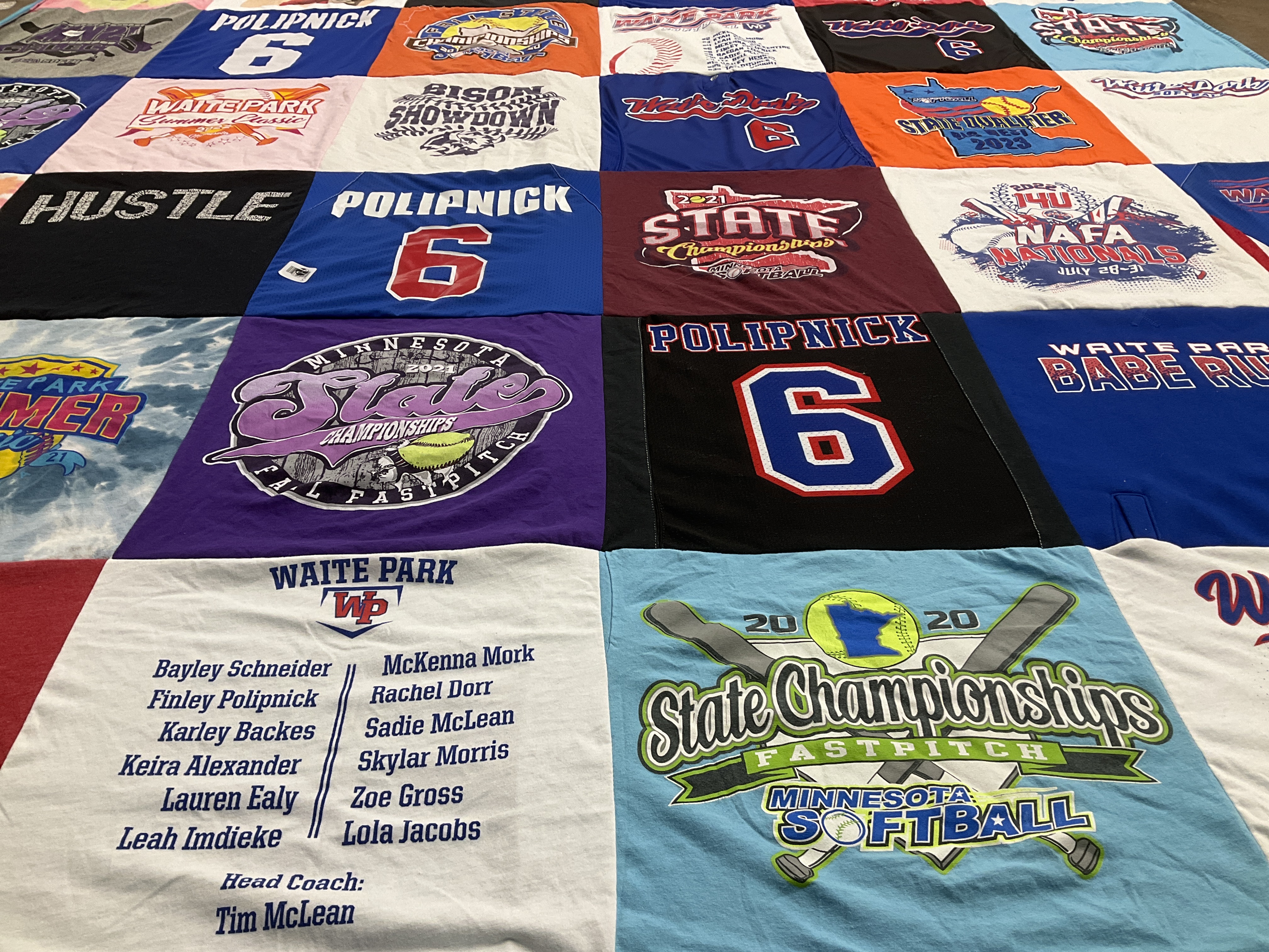 T-shirt quilt with softball, sports themes by Tom from MN