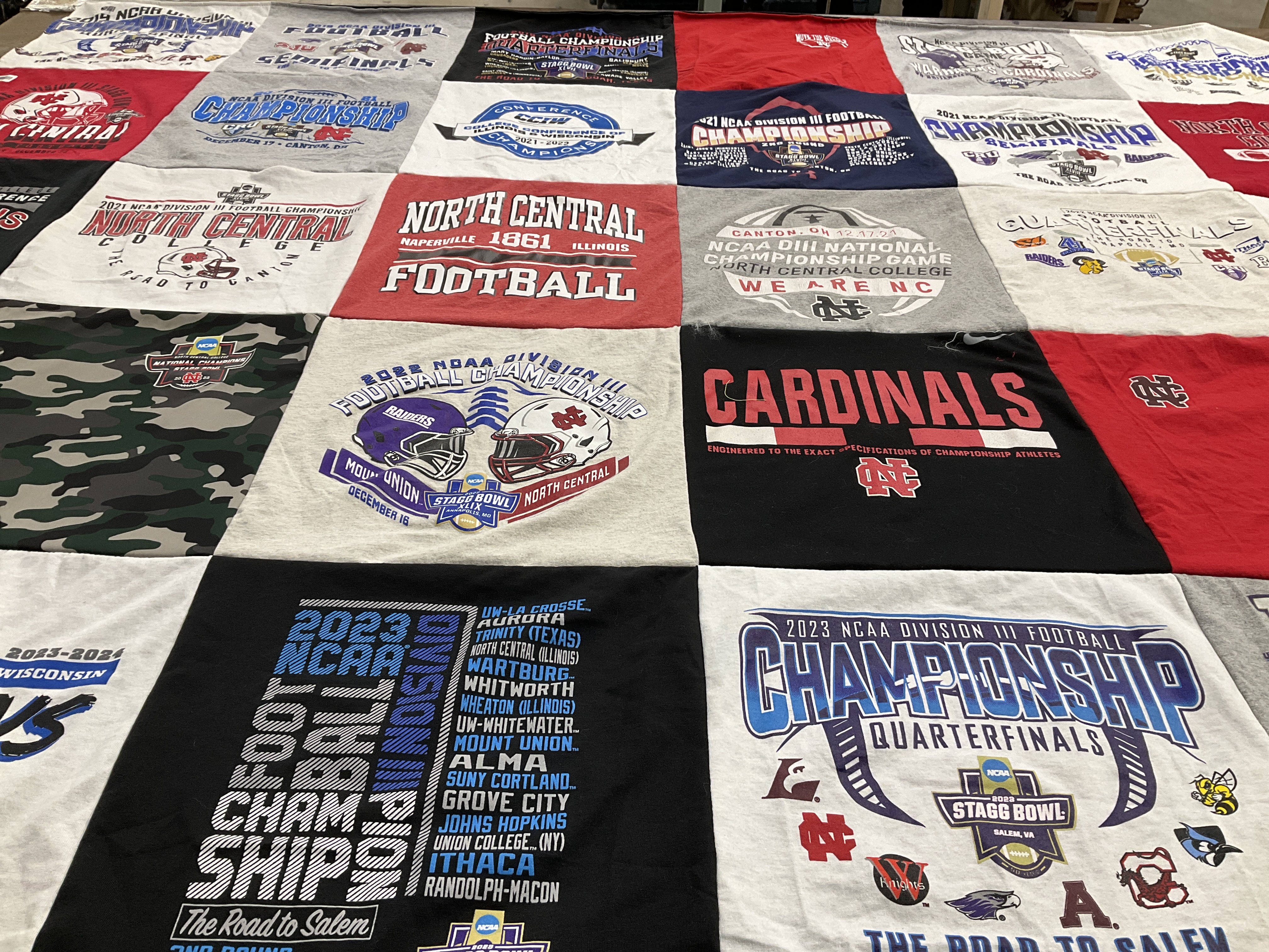 T-shirt quilt featuring north central college cardinals, mount union raiders by Stefanie from IL