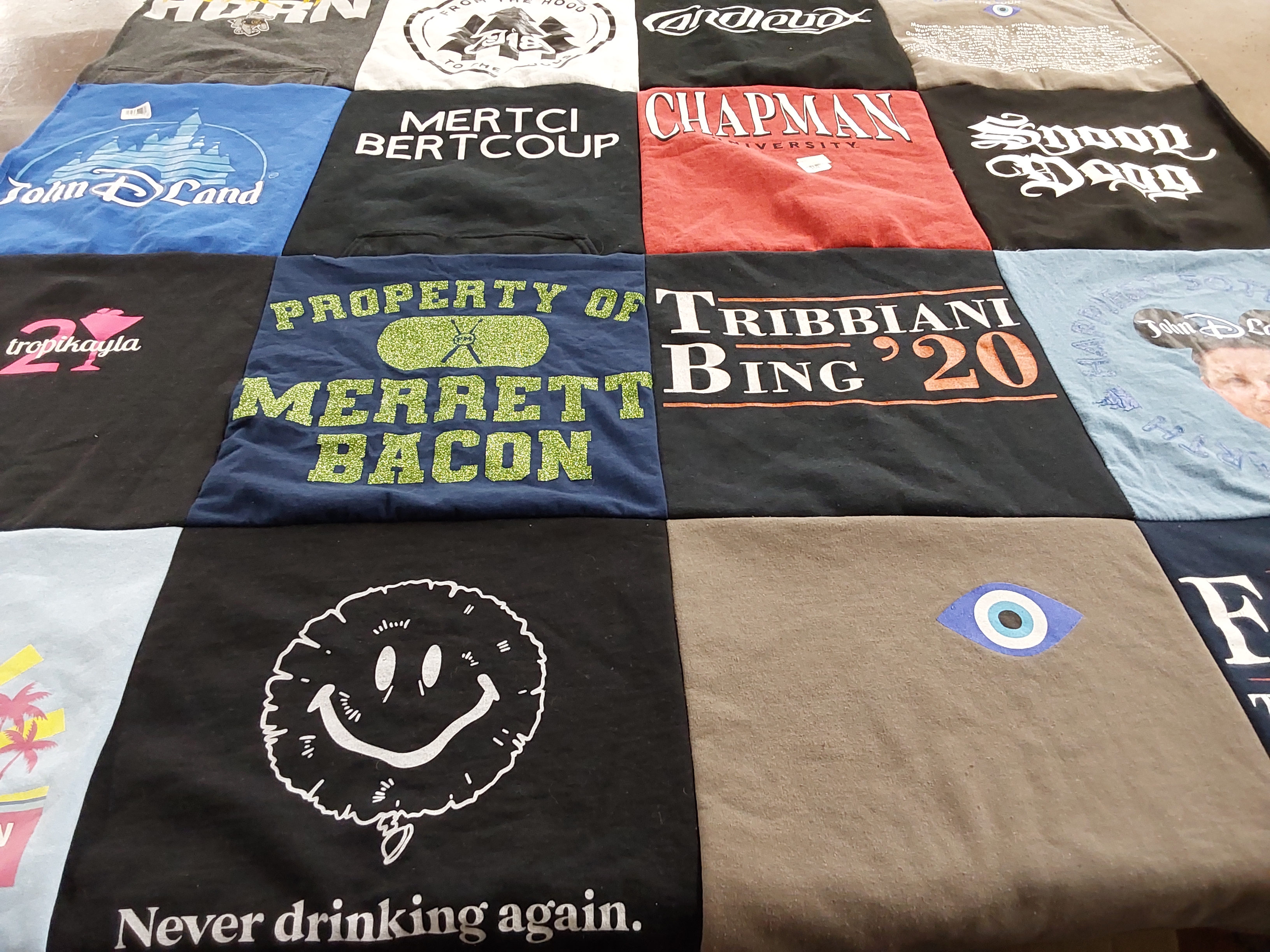 Custom Project Repat t-shirt quilt highlighting trophy, disney themes.
