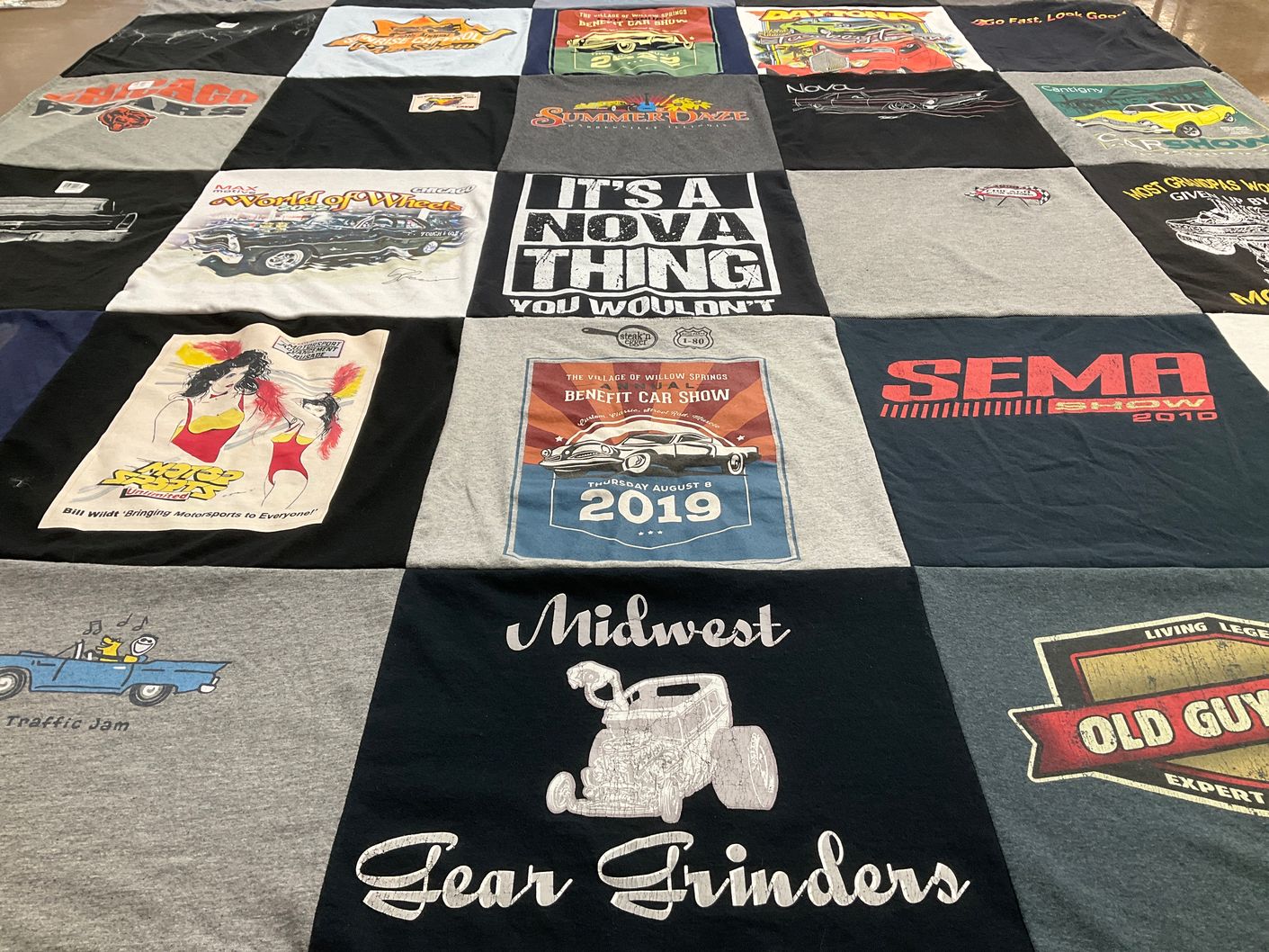 T-shirt quilt with cars, motorsports themes by Rosemary from IL
