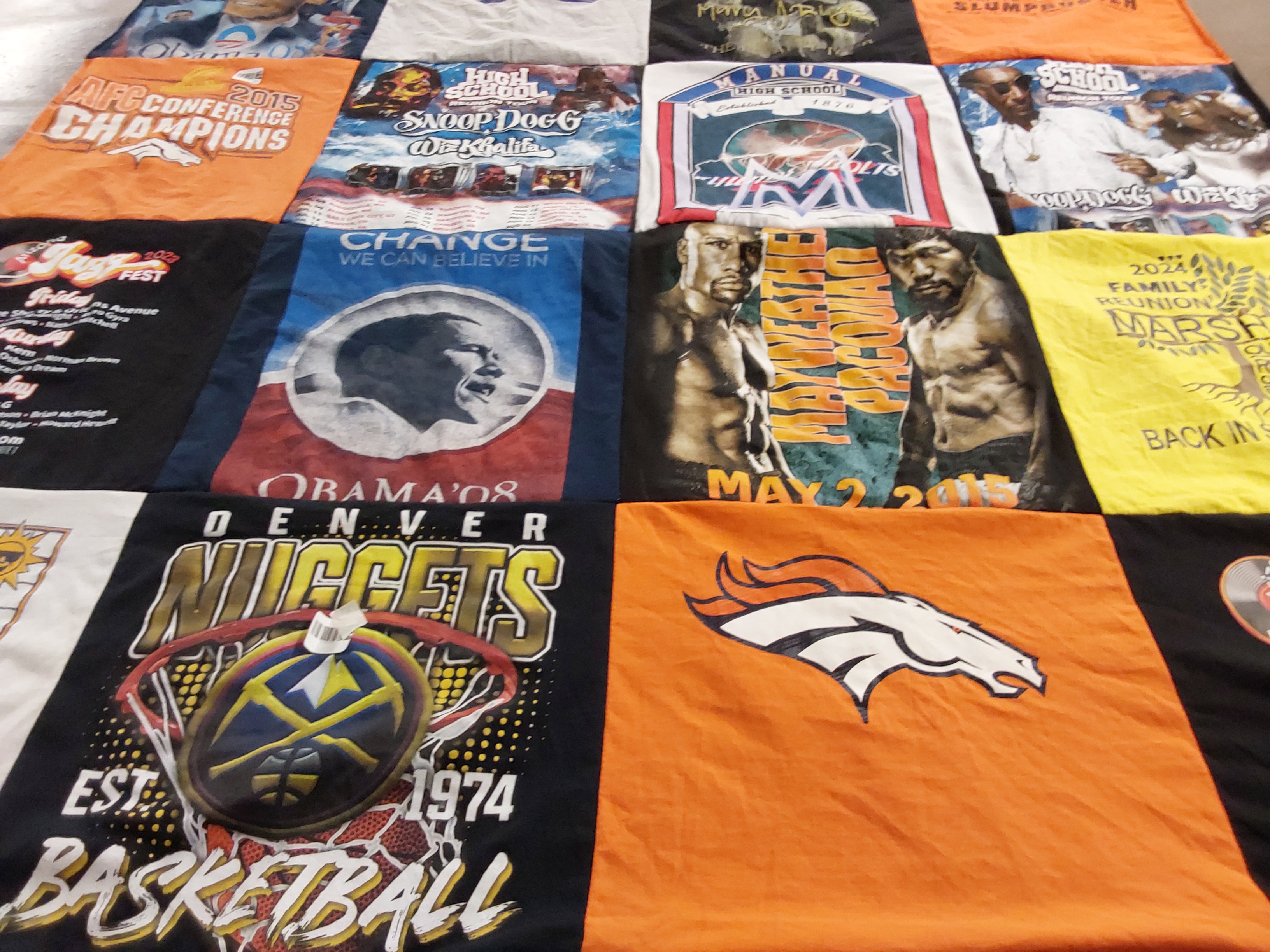 Custom Project Repat t-shirt quilt featuring shirts from manual union school.