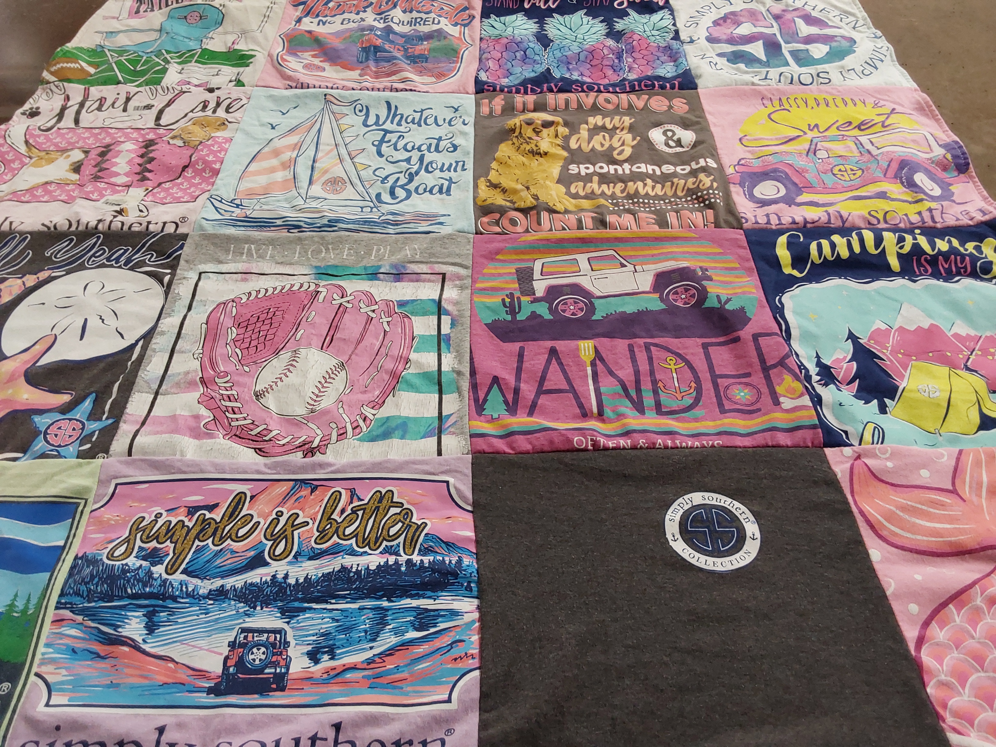 Custom Project Repat t-shirt quilt highlighting camping, dogs themes.