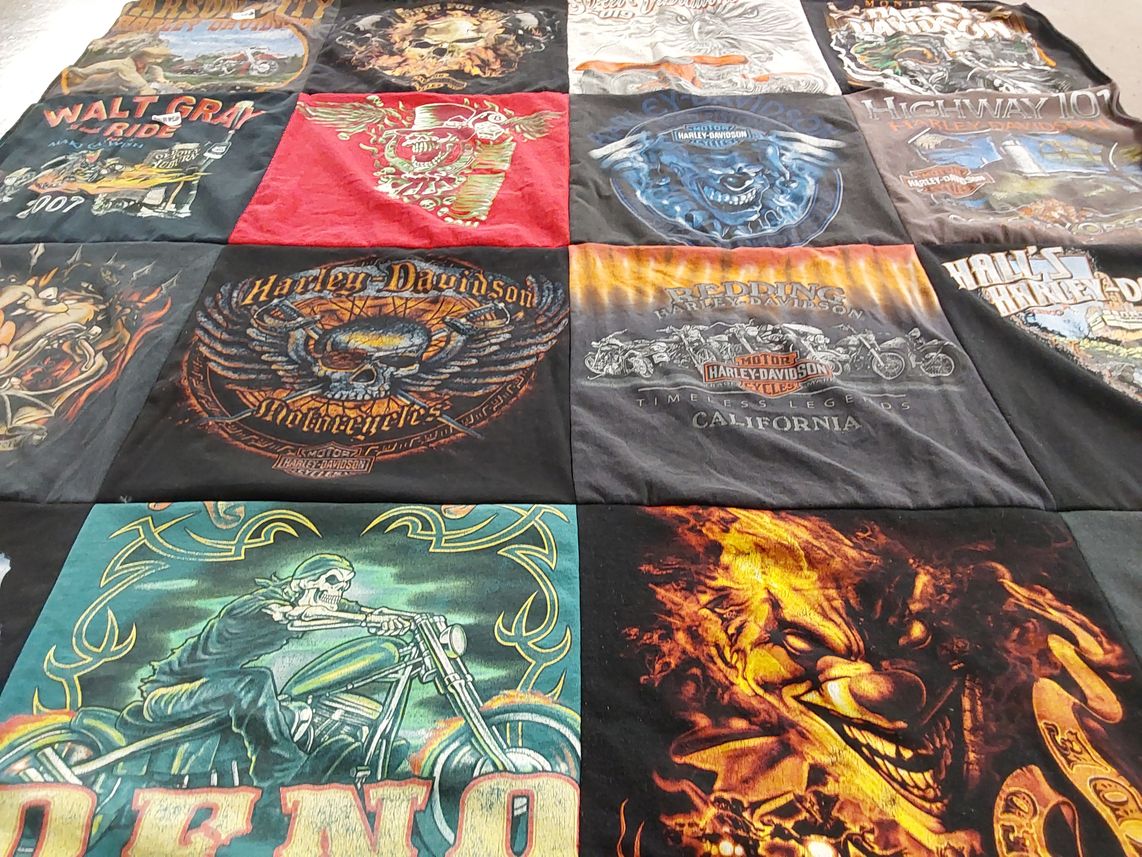 T-shirt quilt with motorcycles, biking themes by Lisa from CA