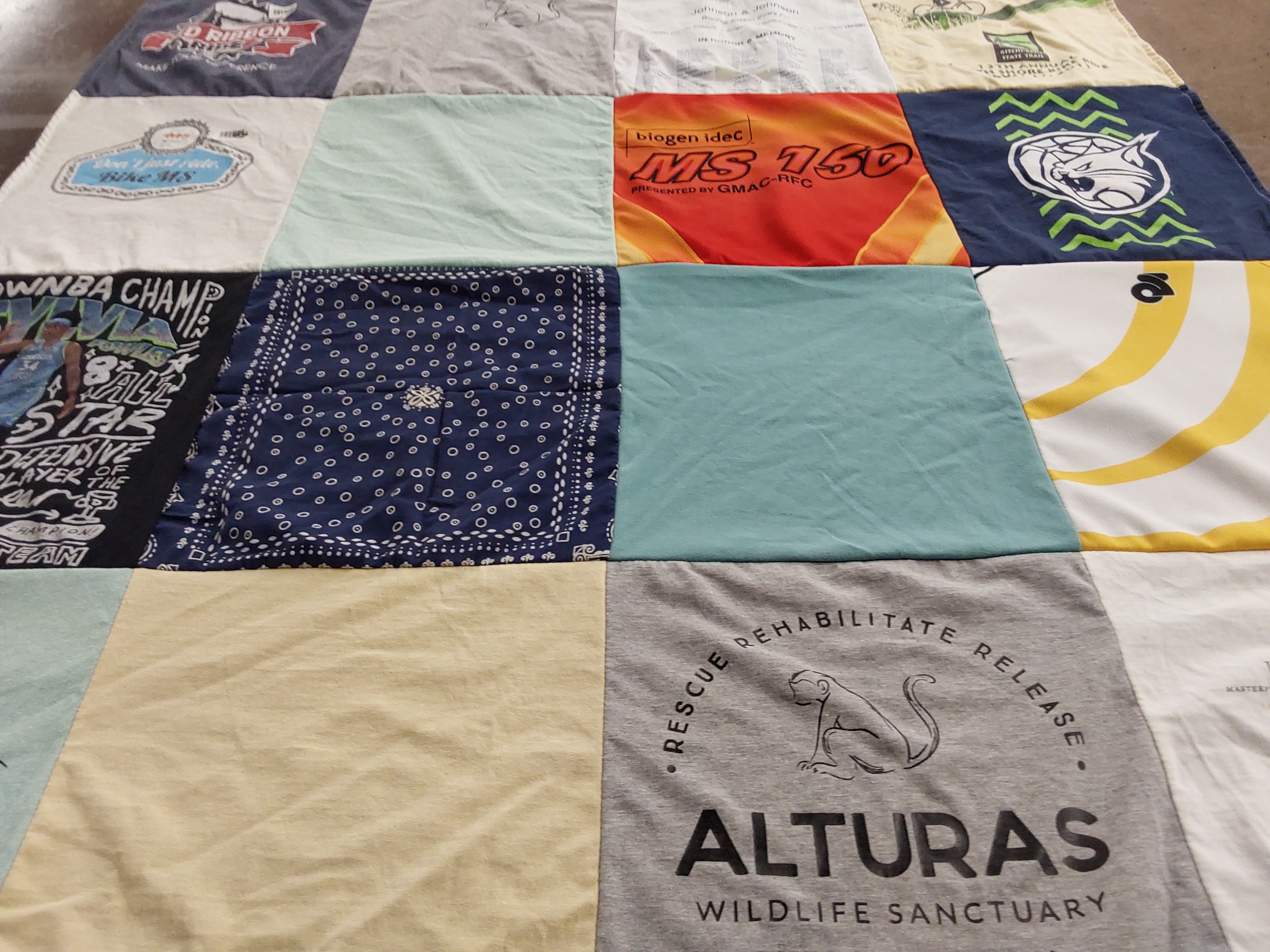 T-shirt quilt with wildlife rescue, outdoor activities themes by Tina from MN