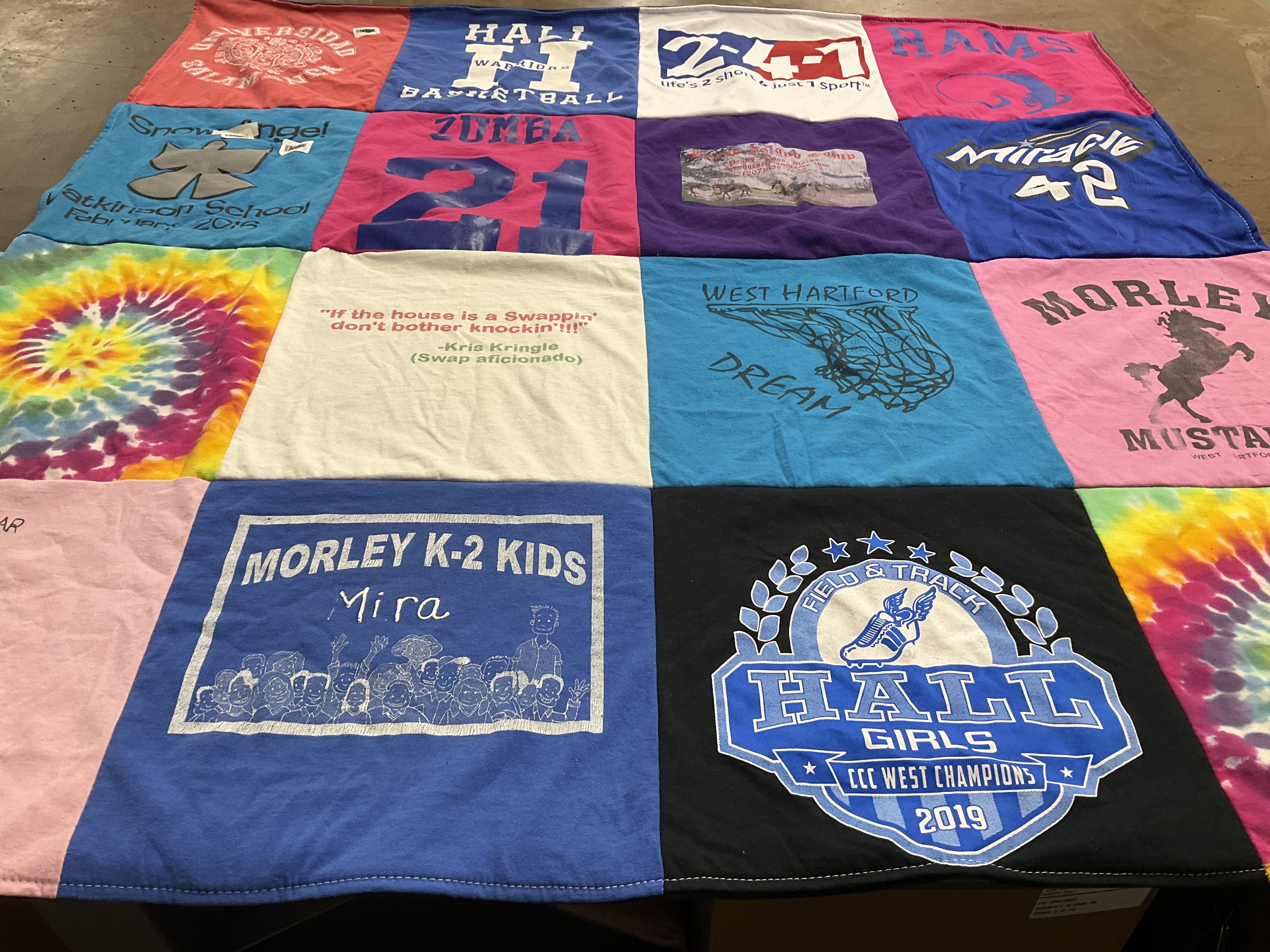 T-shirt quilt featuring hall girls, morley mustangs by Patti from CT