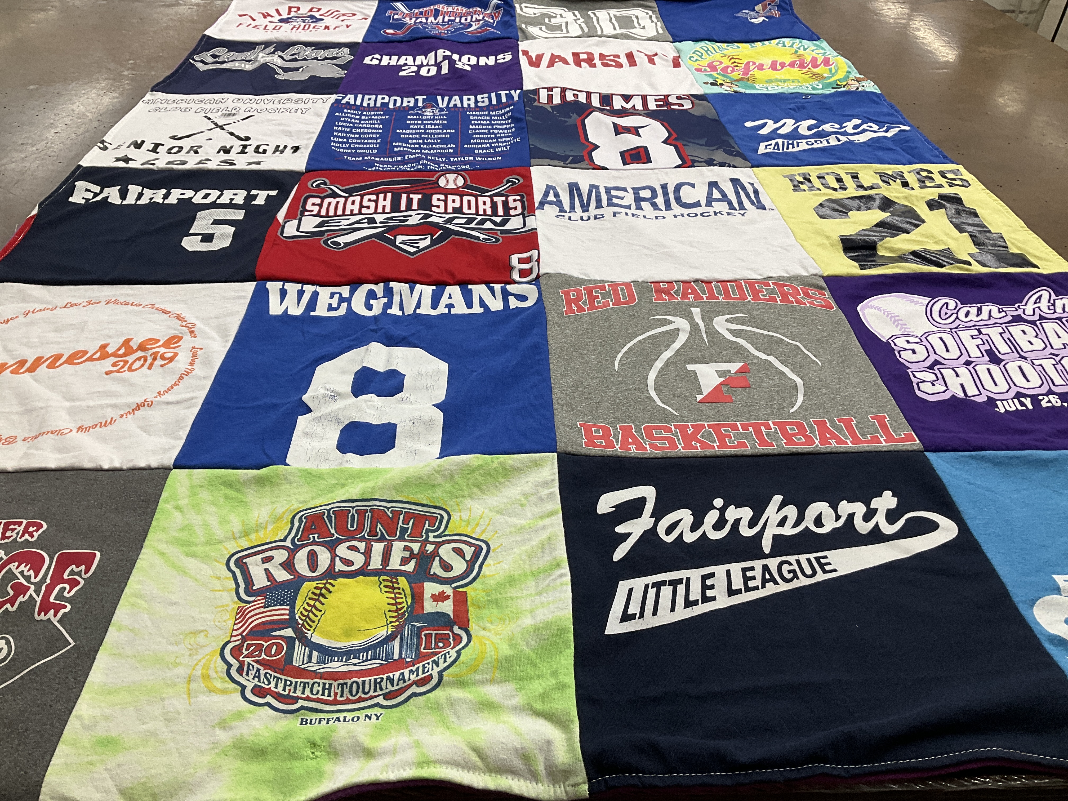 Custom Project Repat t-shirt quilt featuring shirts from fairport high school.