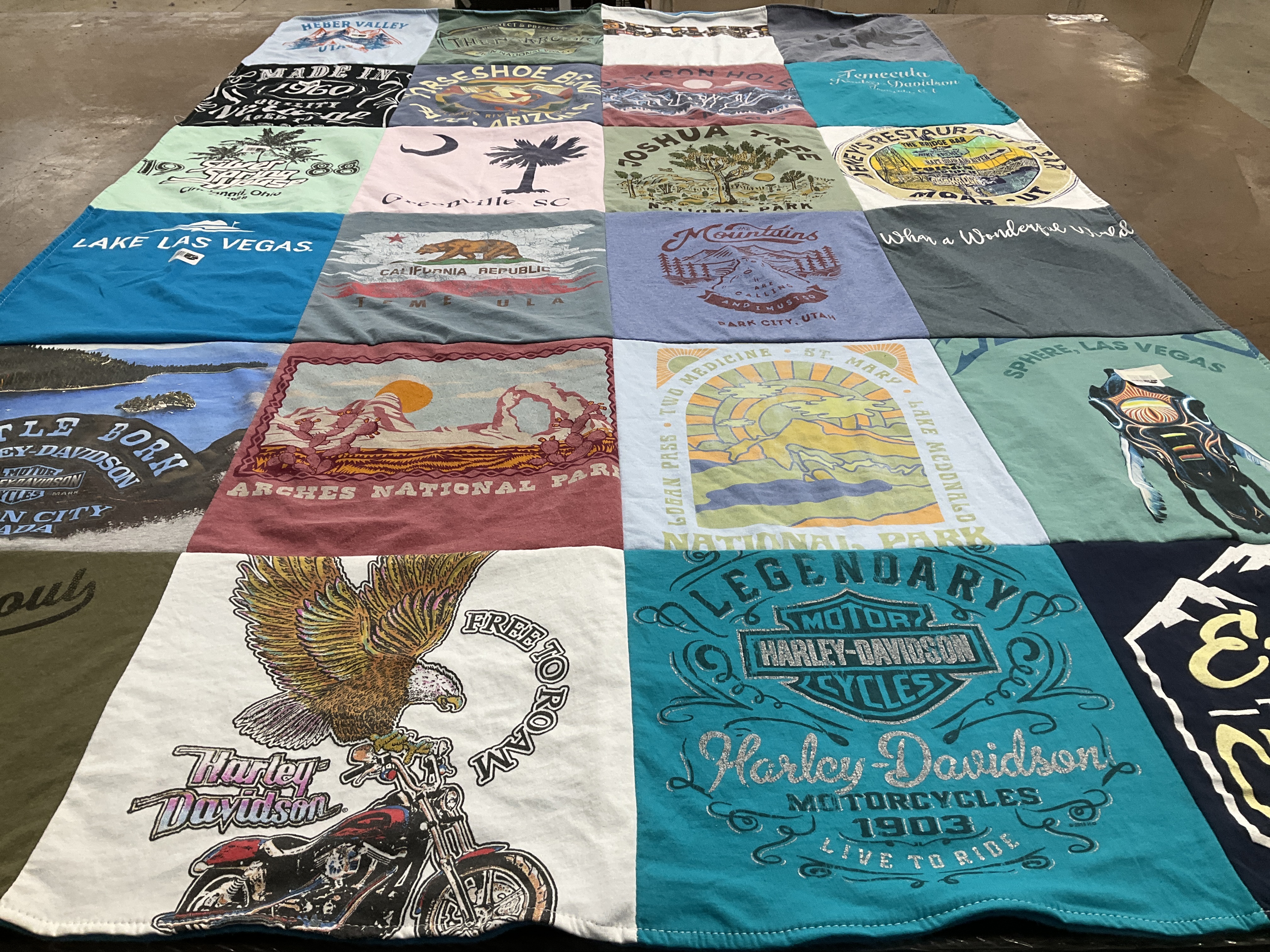 T-shirt quilt with motorcycles, travel themes by francis from FL