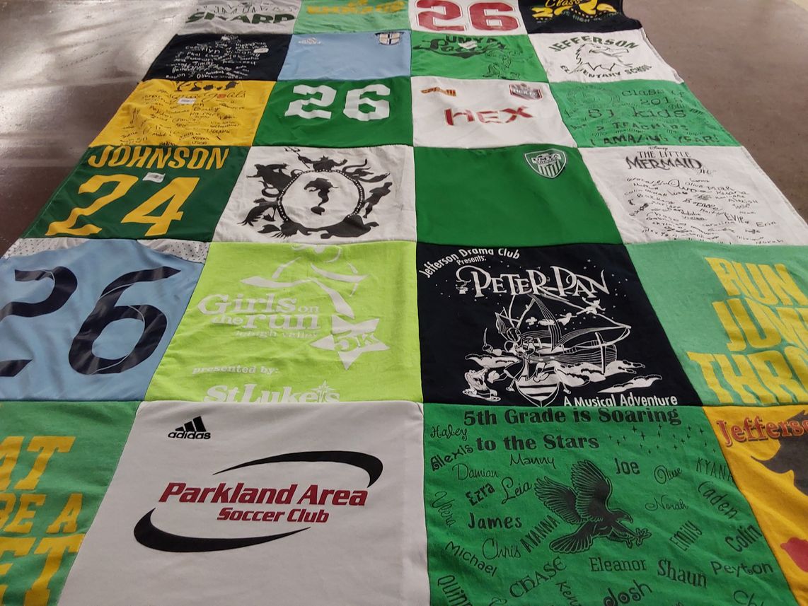 T-shirt quilt with soccer, musical theater themes by Arleen from PA
