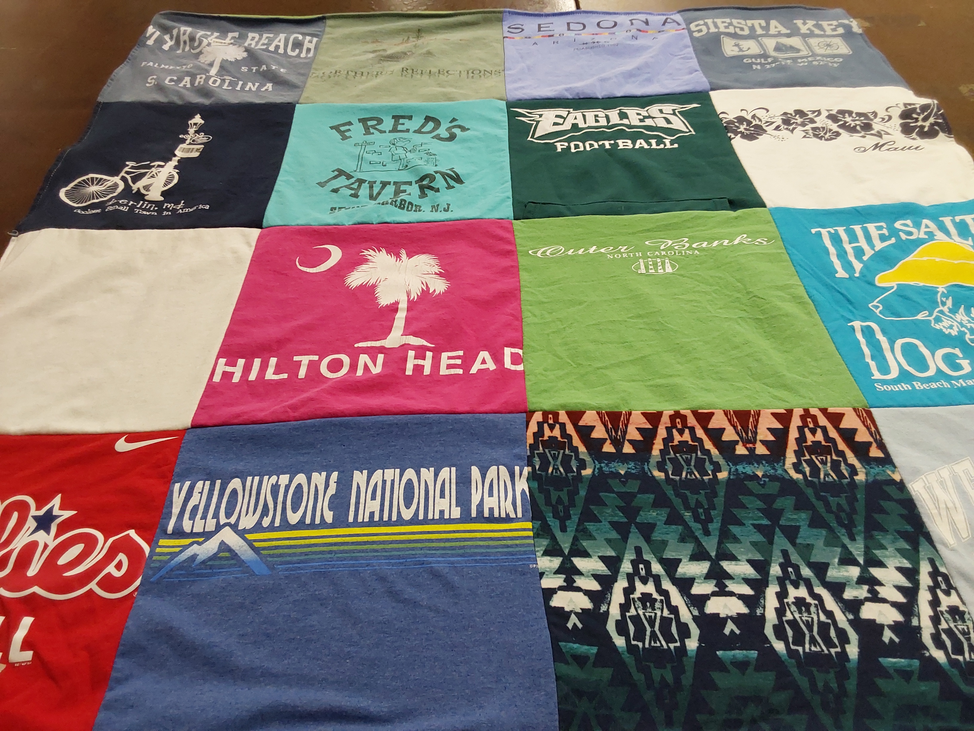 T-shirt quilt with travel, outdoors themes by Karen from PA