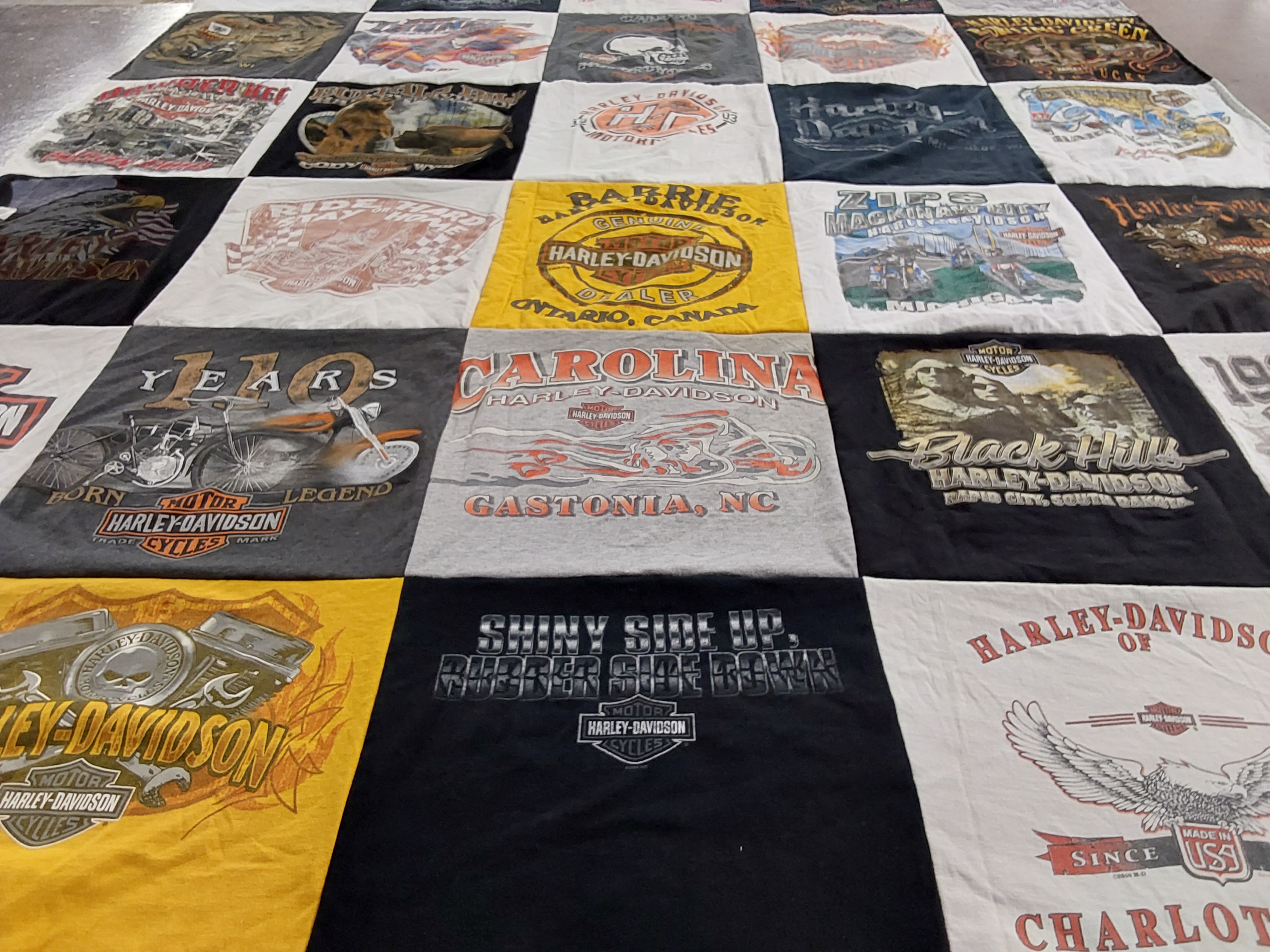 T-shirt quilt with motorcycles, harley davidson themes by Christy from OH
