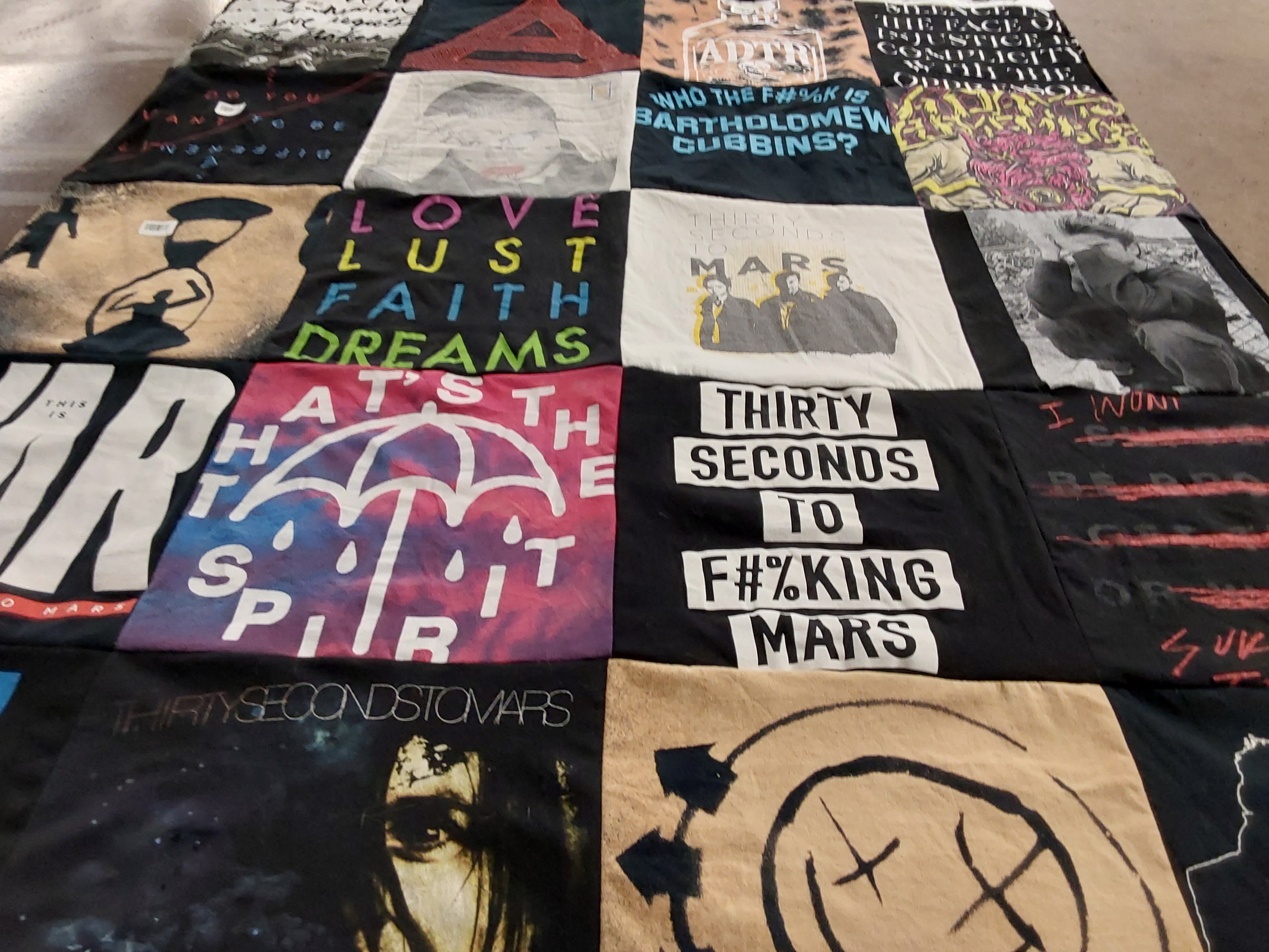 T-shirt quilt with music, art themes by Jack from CO