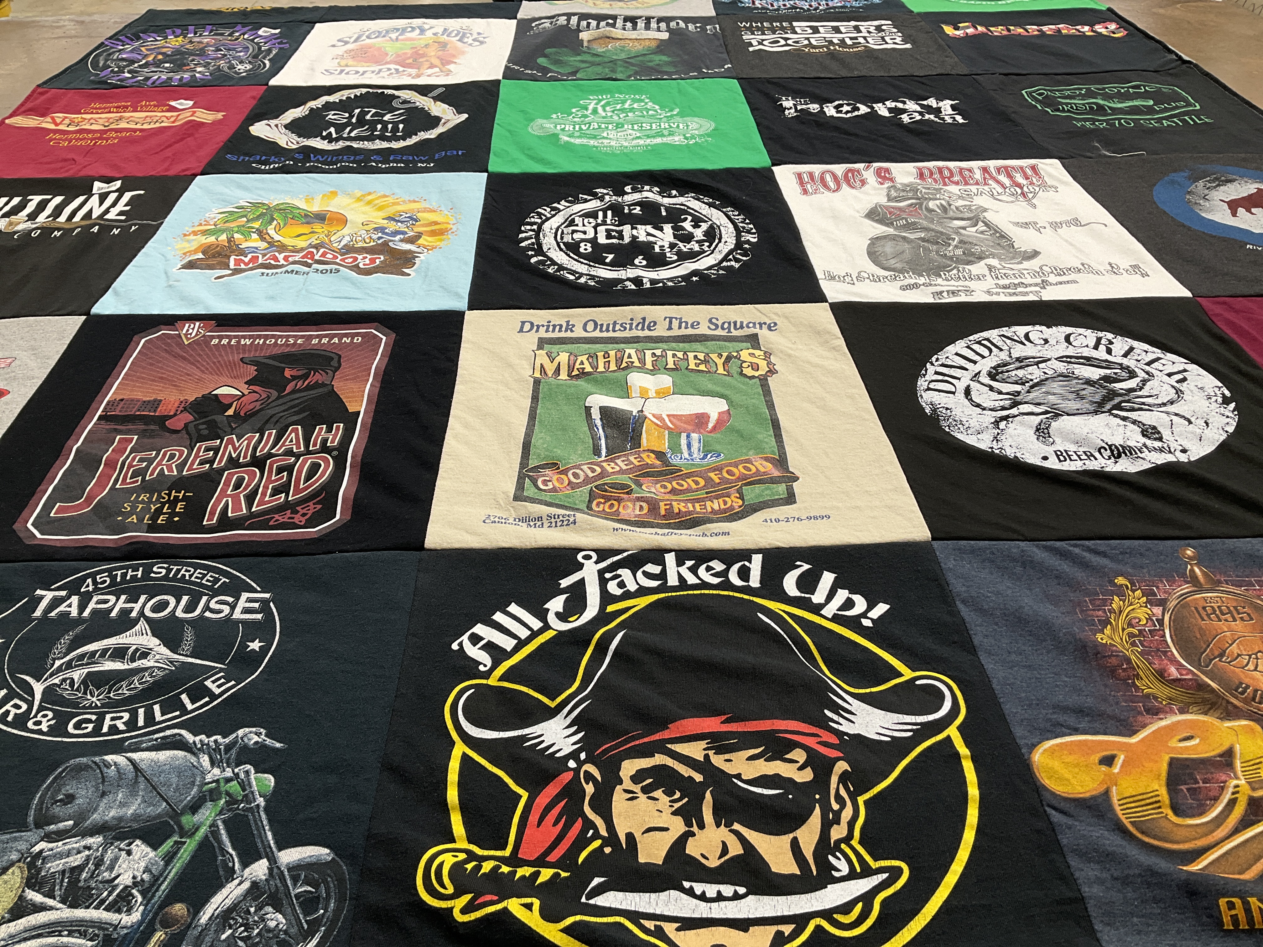 Custom Project Repat t-shirt quilt highlighting beer, brewery themes.