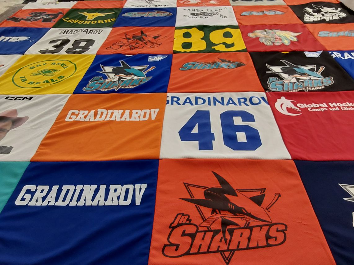 T-shirt quilt featuring jr sharks by Aleksandra from CA