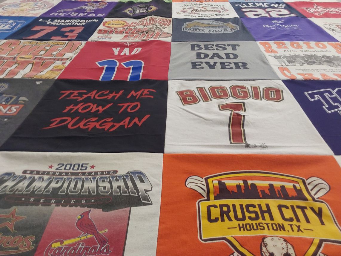 T-shirt quilt with sports, baseball themes by David from TX