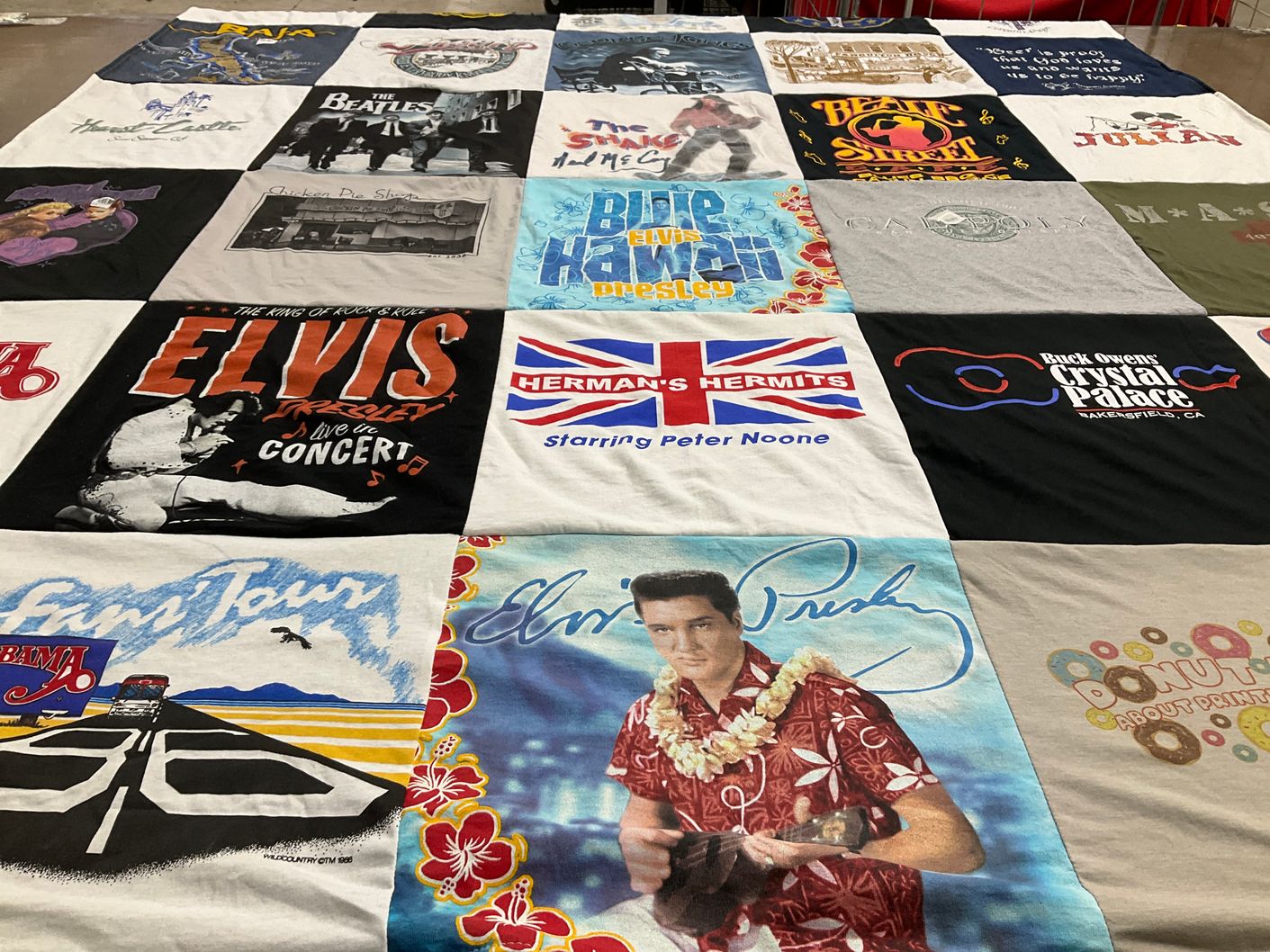 T-shirt quilt with music, classic rock themes by Judy from OR