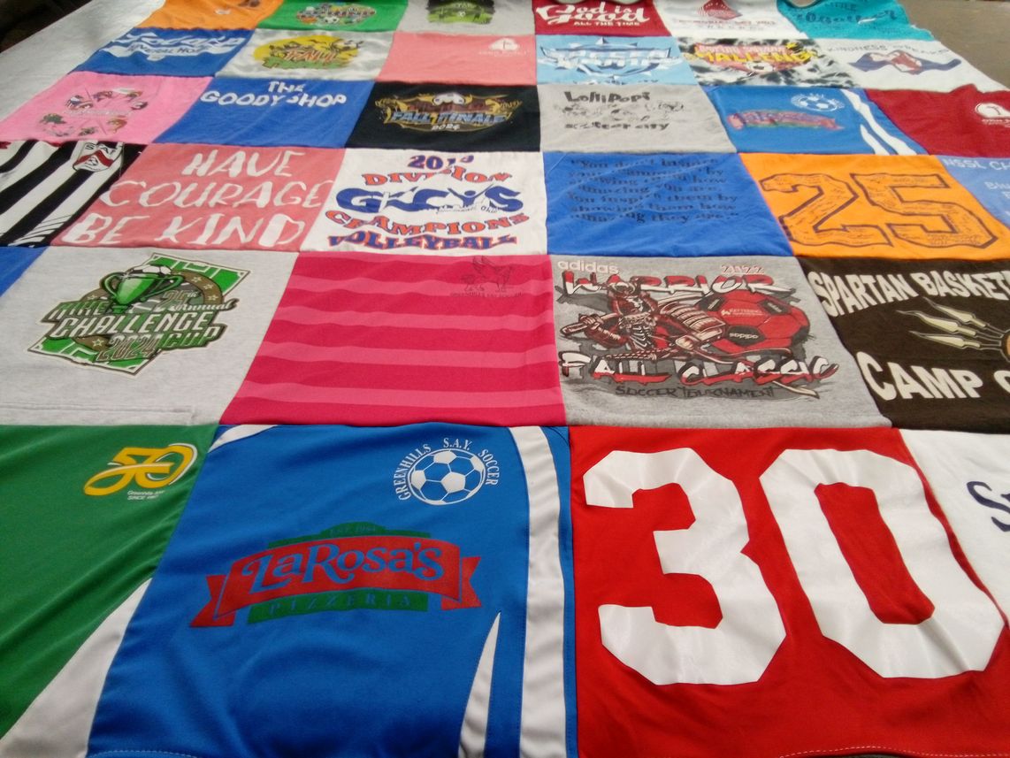 T-shirt quilt with volleyball, soccer themes by Jennifer from OH