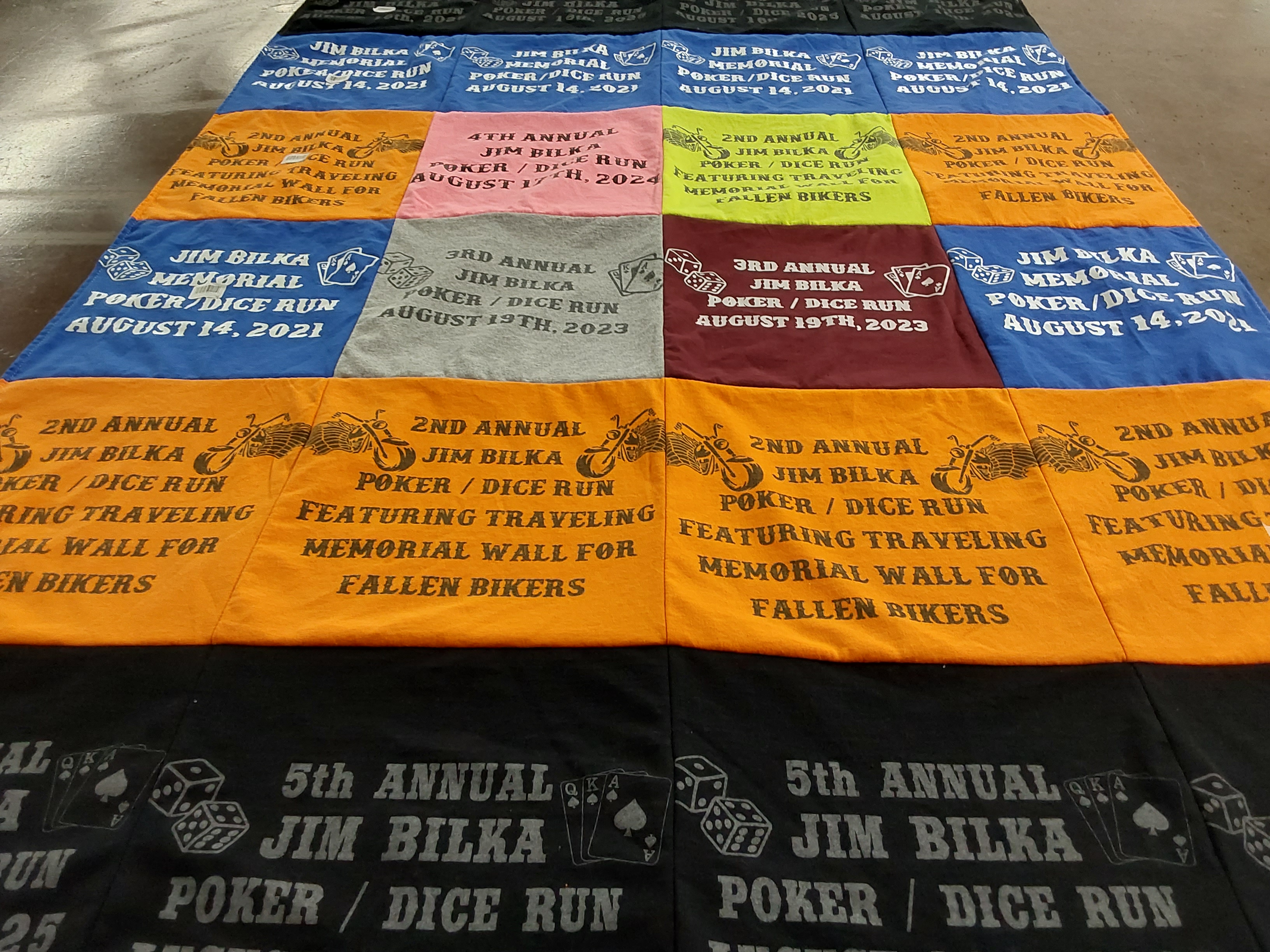 T-shirt quilt with motorcycles, charity events themes by Kelly from OH